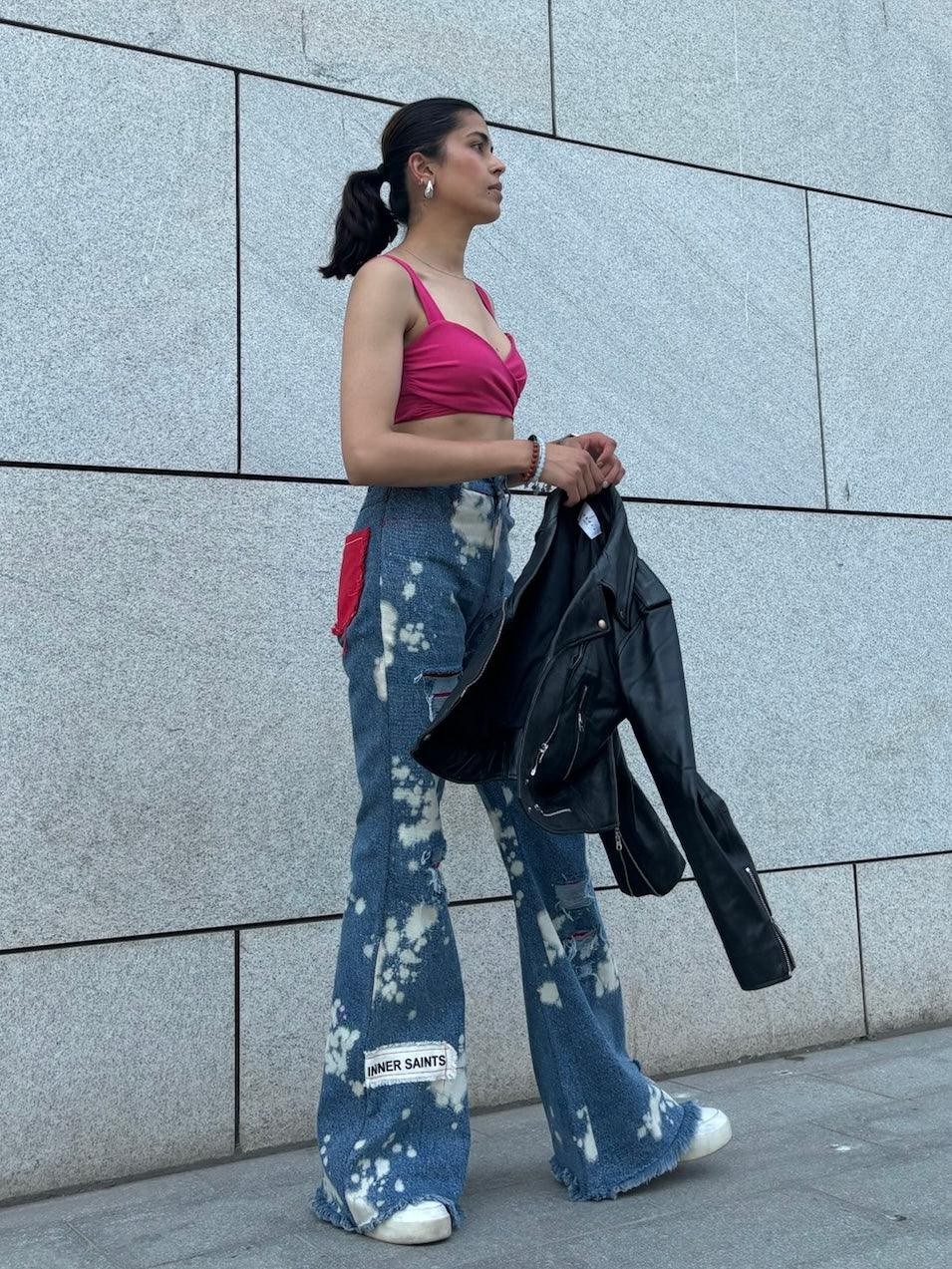 WOMEN RUGGED ACID WASH RED PATCHWORK HIGH WAIST JEANS