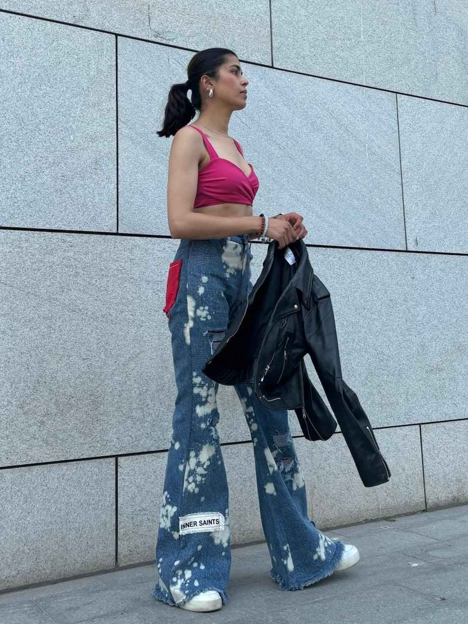 WOMEN RUGGED ACID WASH RED PATCHWORK HIGH WAIST JEANS