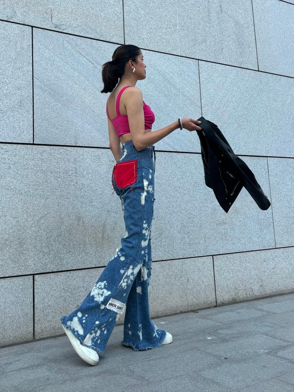 WOMEN RUGGED ACID WASH RED PATCHWORK HIGH WAIST JEANS