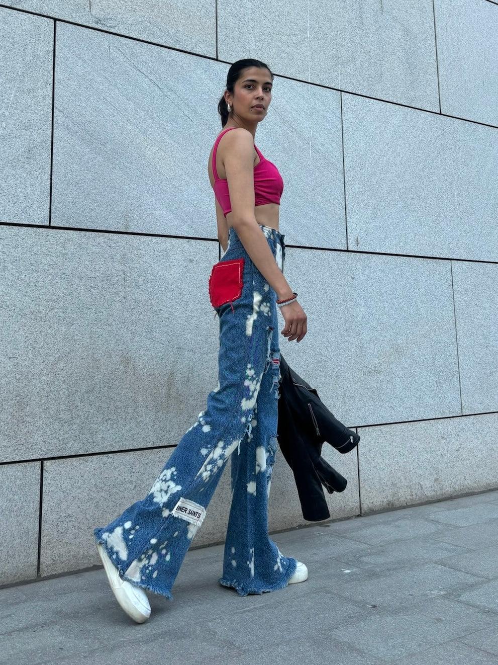 WOMEN RUGGED ACID WASH RED PATCHWORK HIGH WAIST JEANS