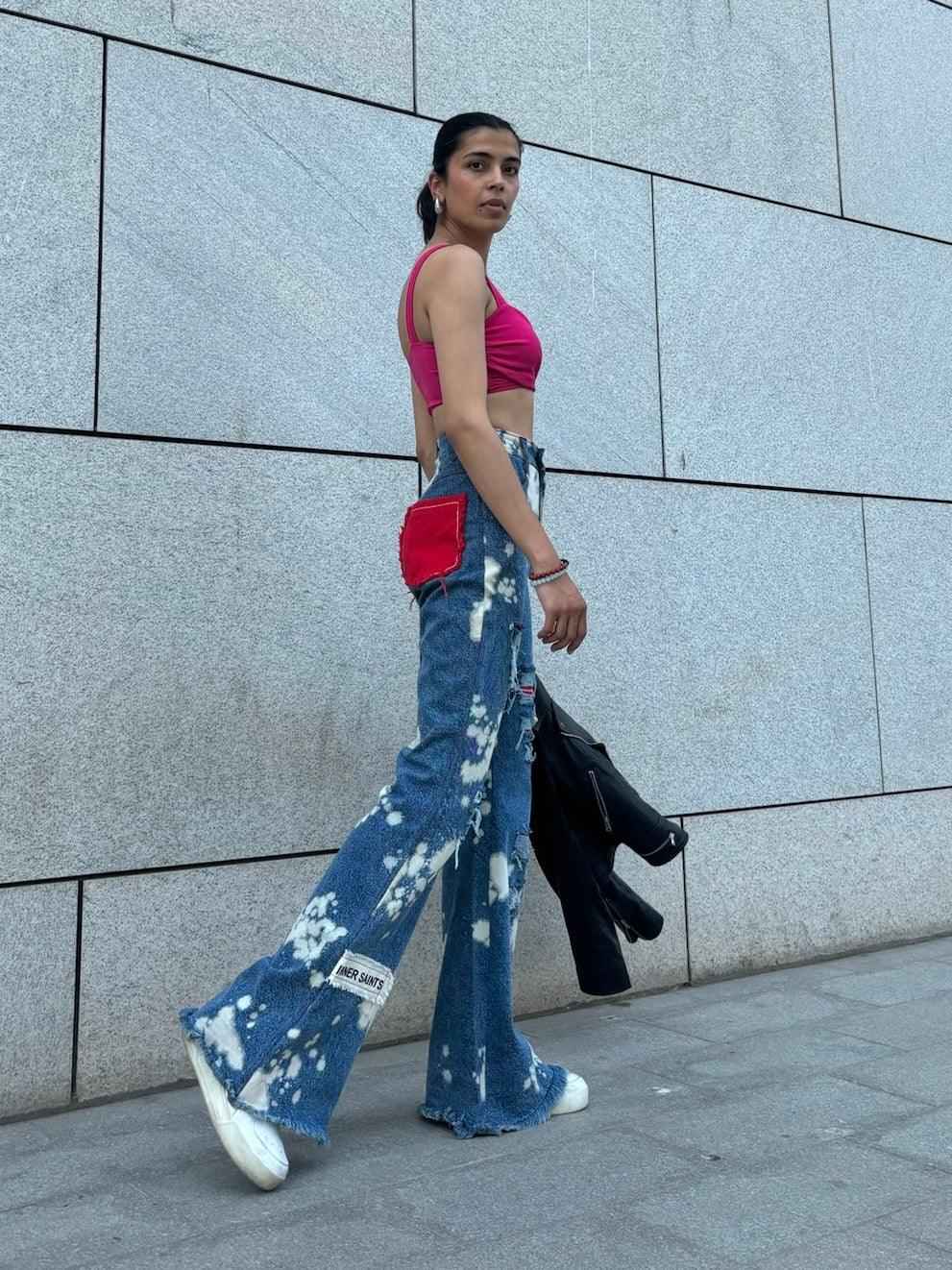 WOMEN RUGGED ACID WASH RED PATCHWORK HIGH WAIST JEANS