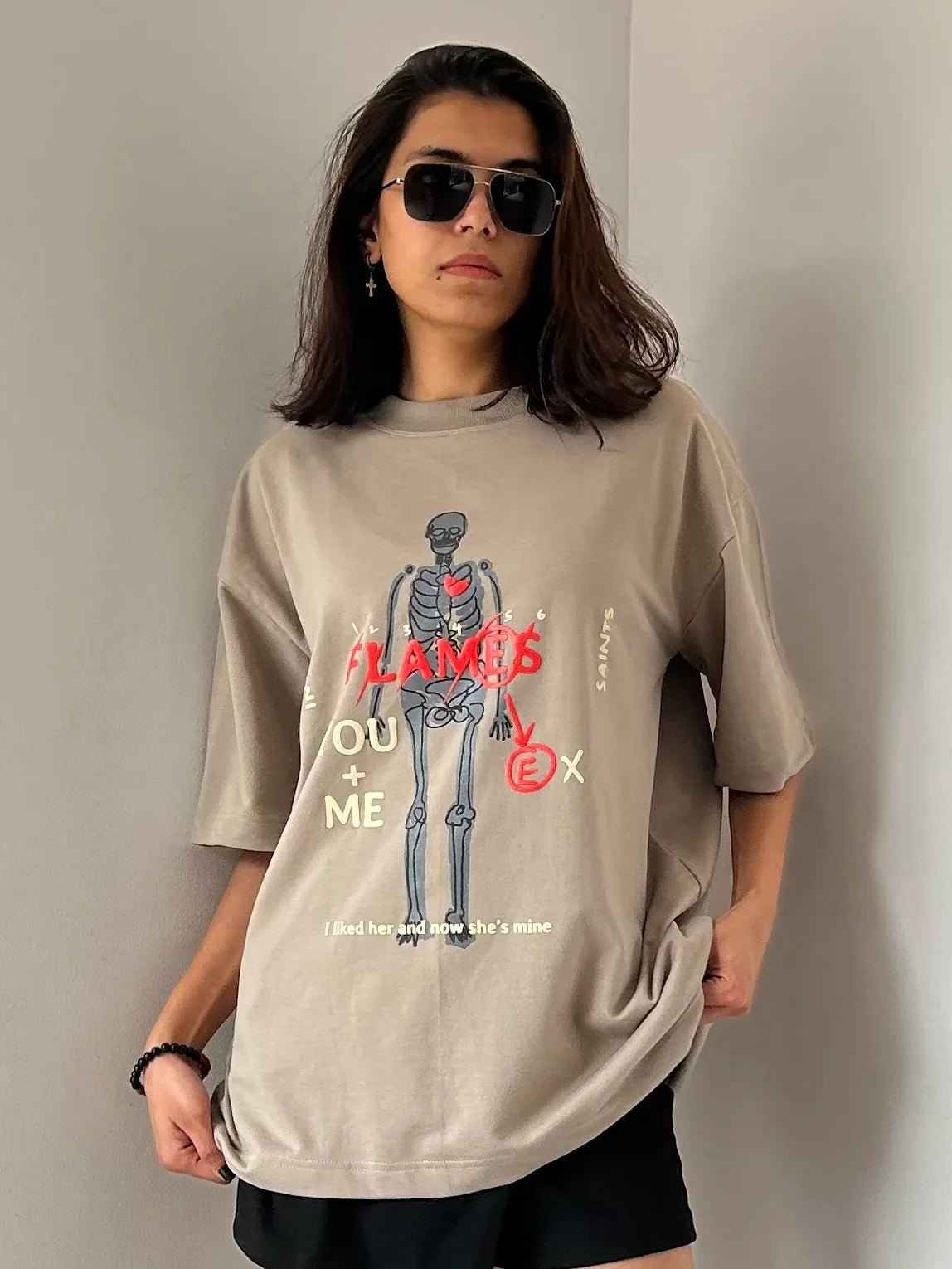 Flames Dusty Beige Oversized T-Shirt