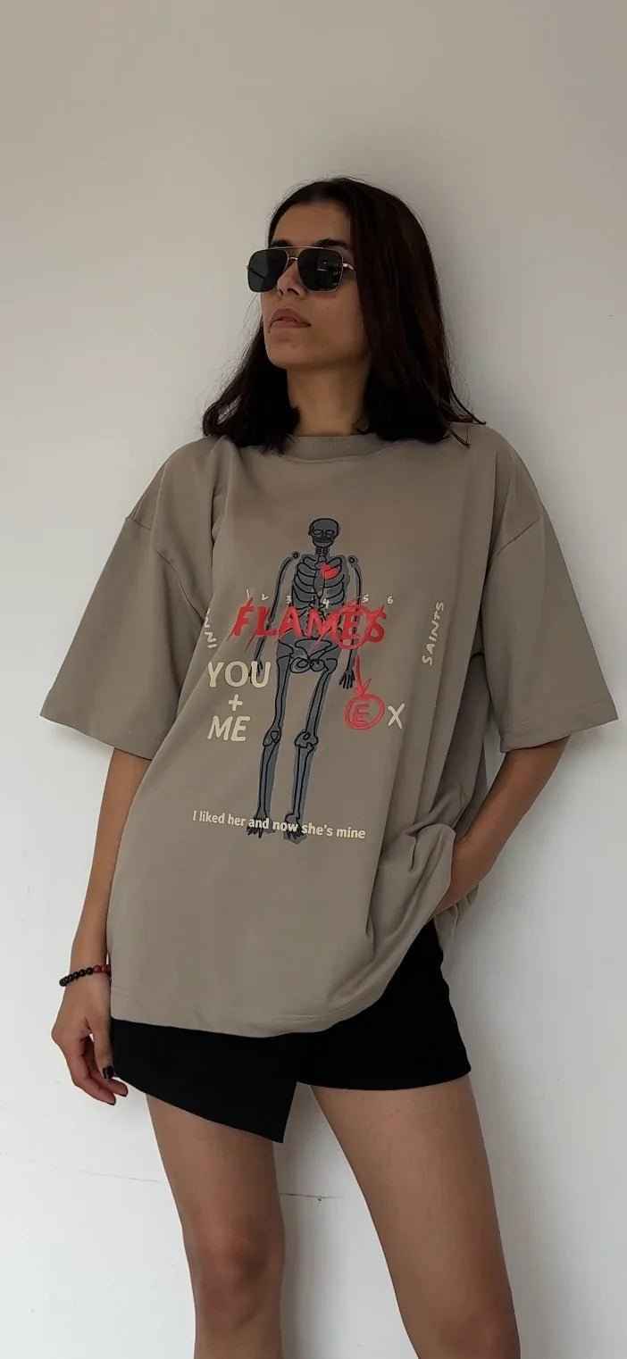 Flames Dusty Beige Oversized T-Shirt
