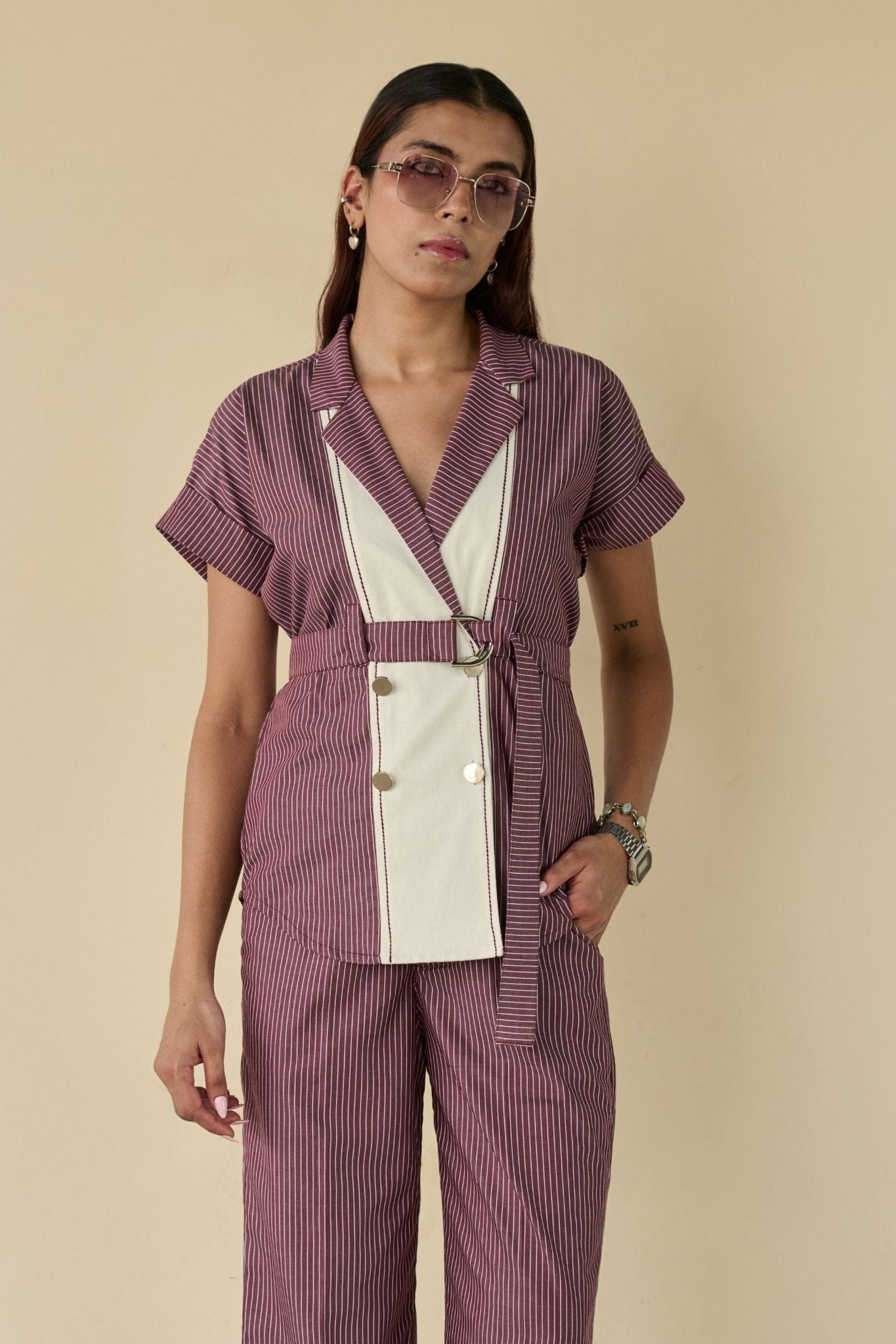 Maroon Stripe Belted Co-ord Set