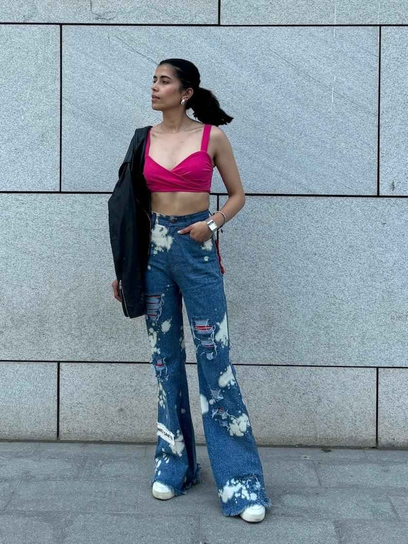 WOMEN RUGGED ACID WASH RED PATCHWORK HIGH WAIST JEANS