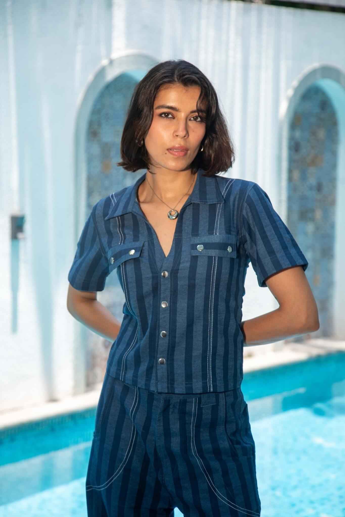 Blue Denim Stripe Women Set