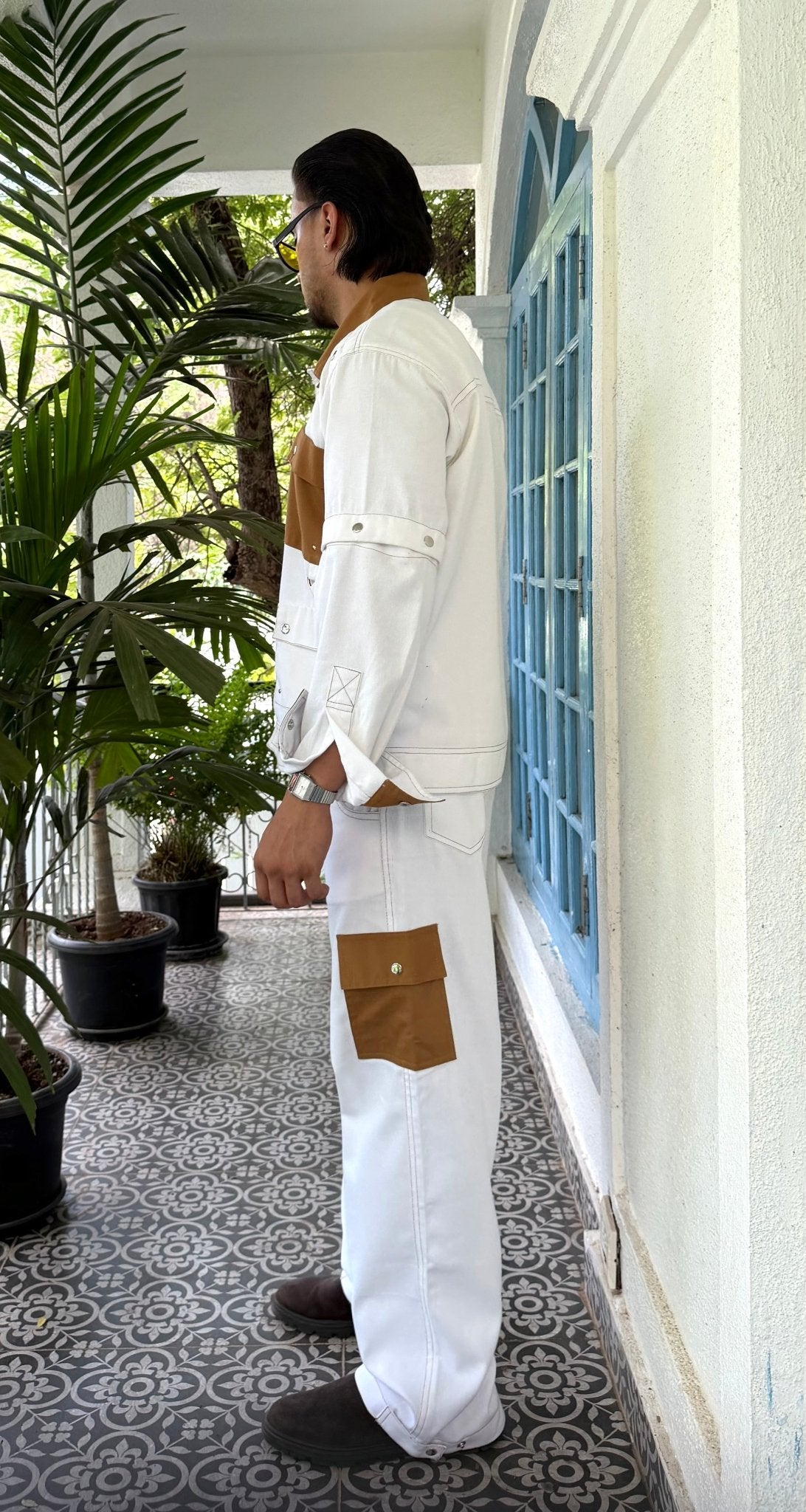 White Tan Patchwork Men Set