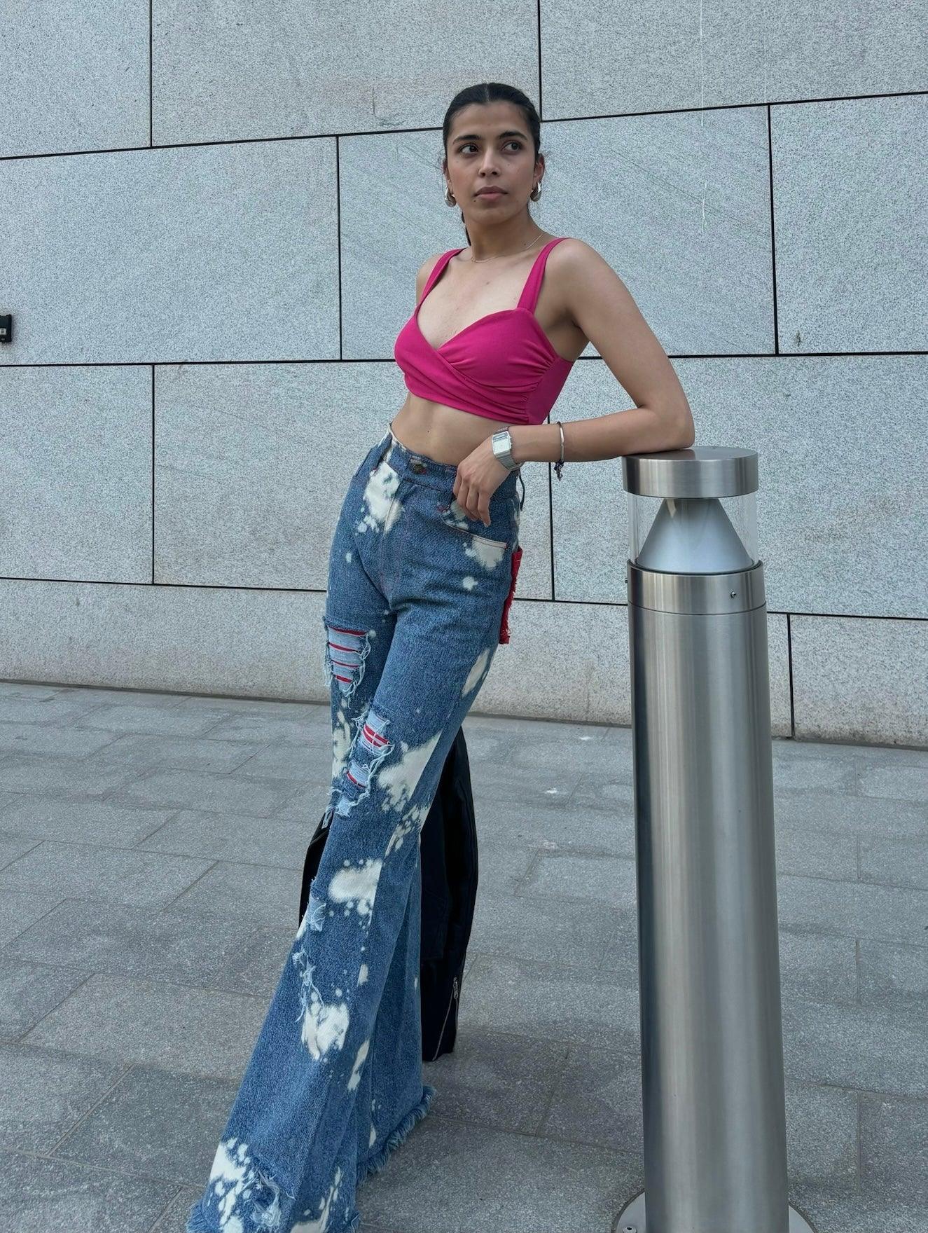 WOMEN RUGGED ACID WASH RED PATCHWORK HIGH WAIST JEANS