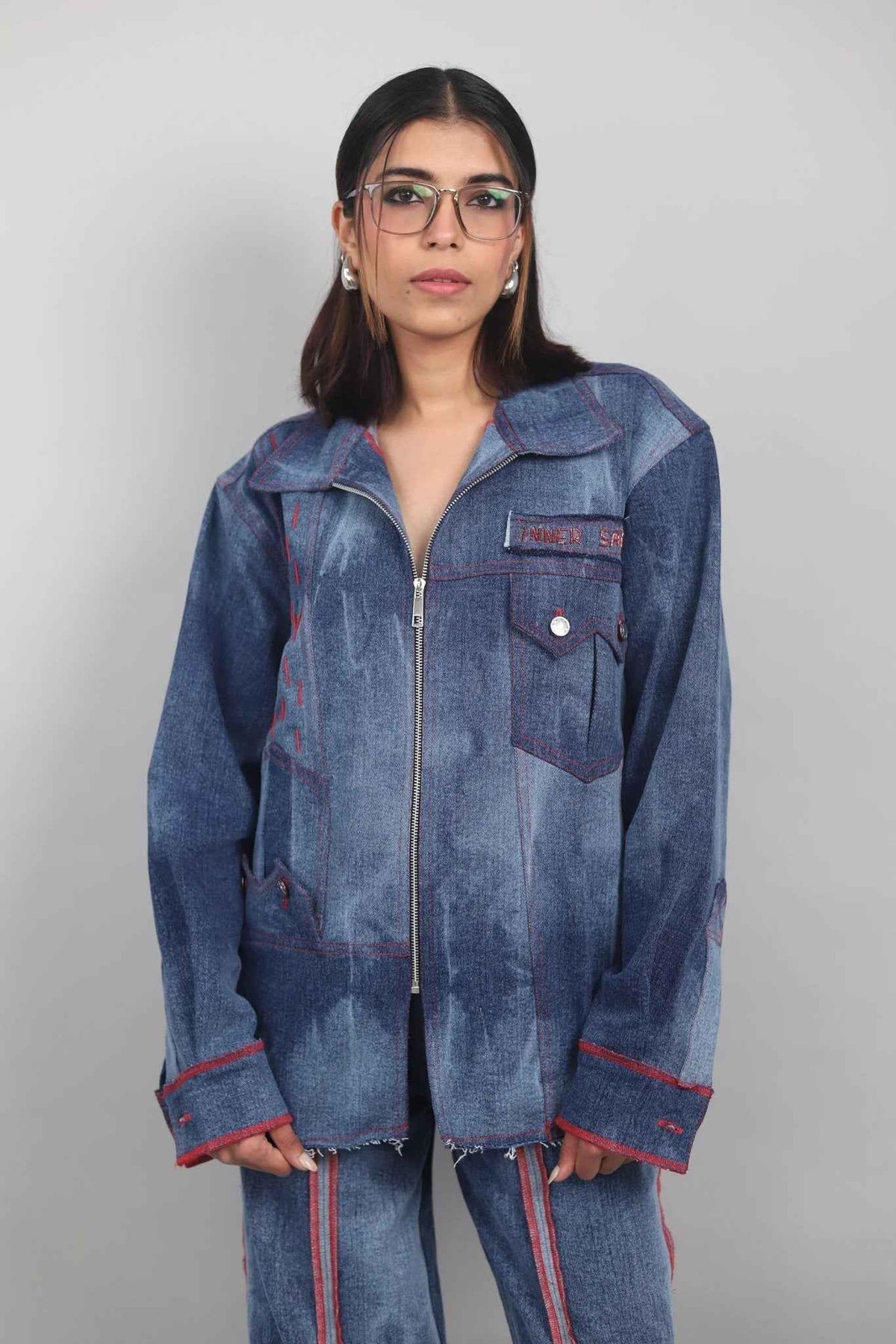 Blue Effect Shirt Jacket & Wide Leg Jeans Set