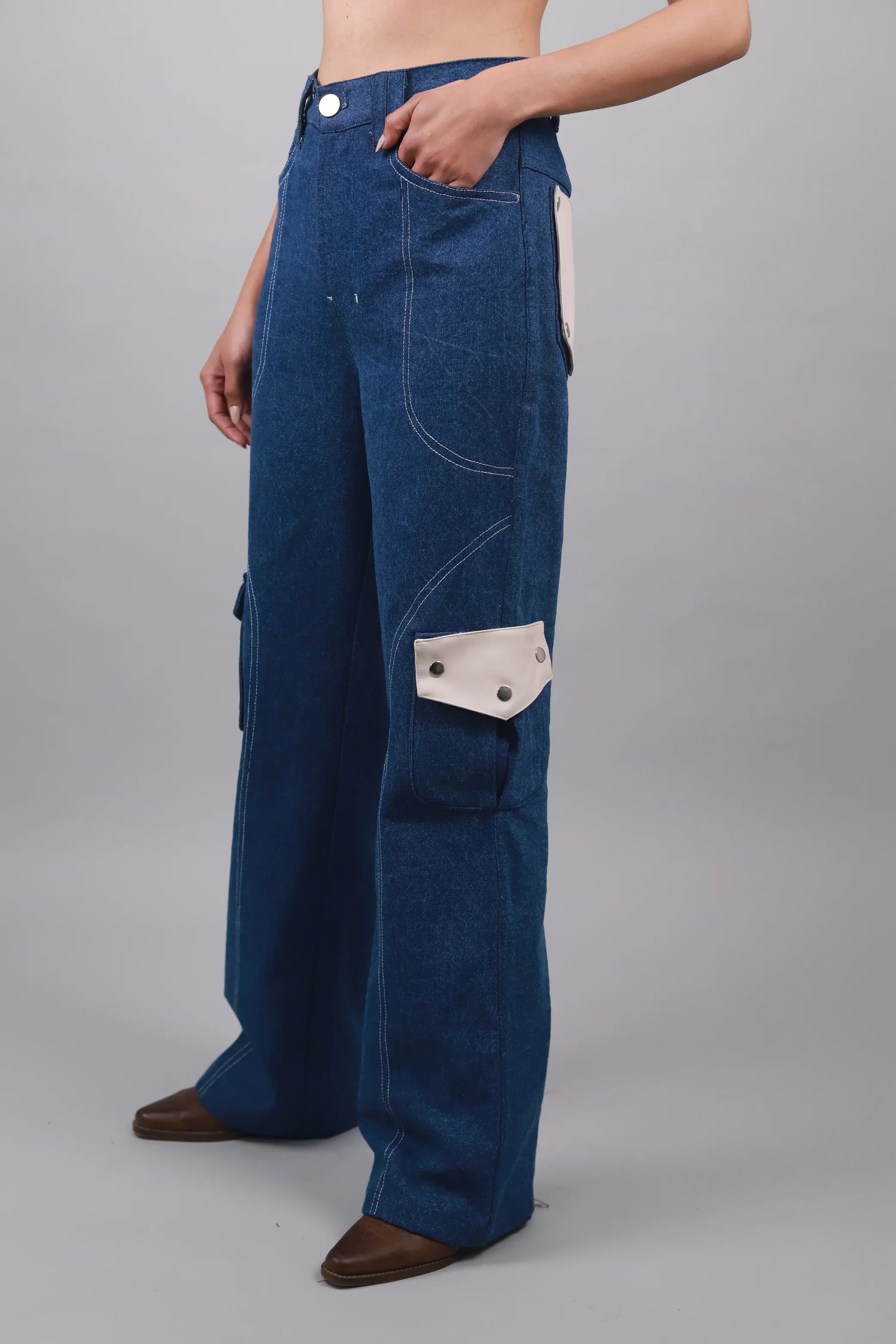 Unisex straight fit Leather cargo jeans