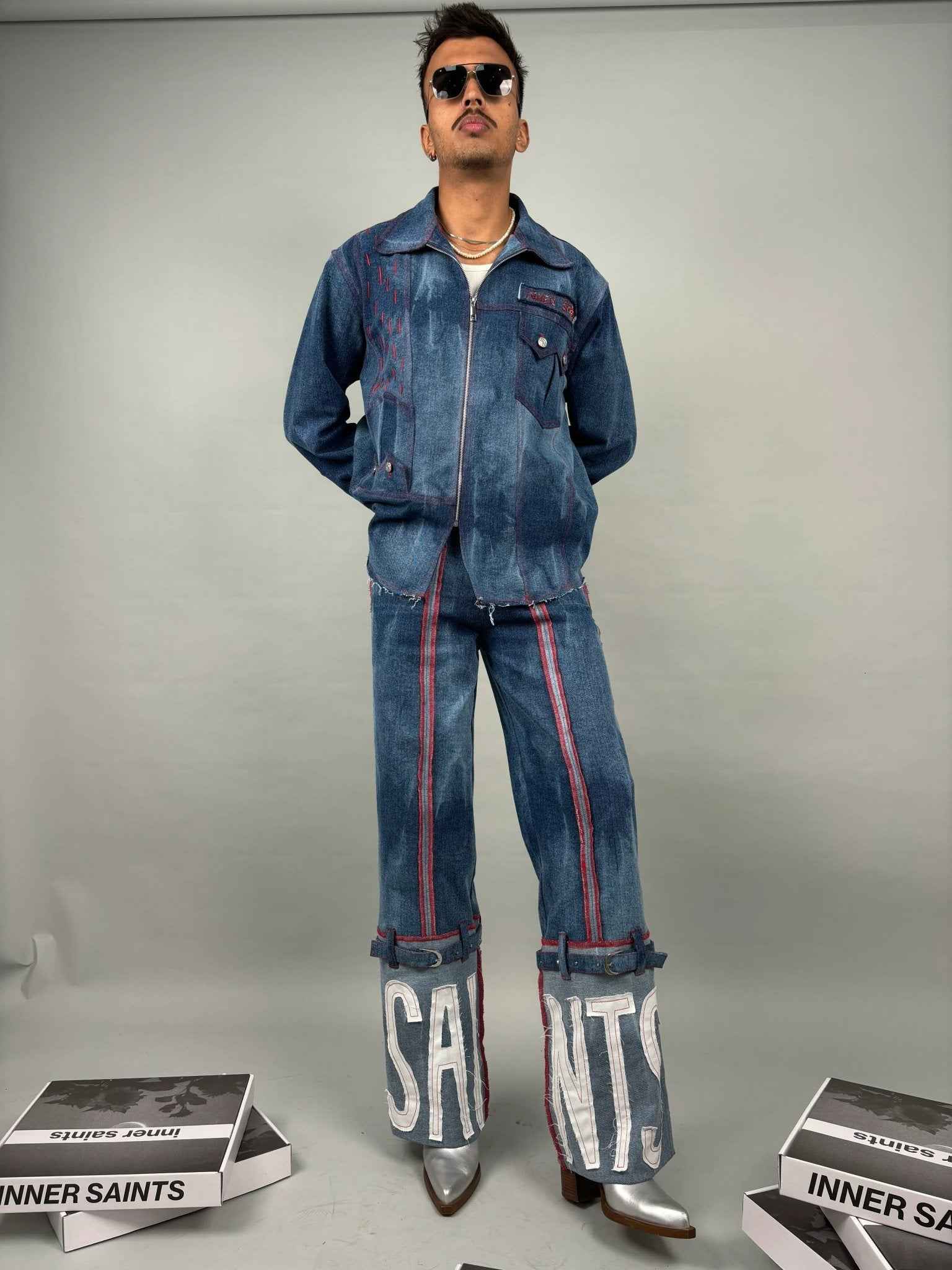 Blue Effect Shirt Jacket & Wide Leg Jeans Set