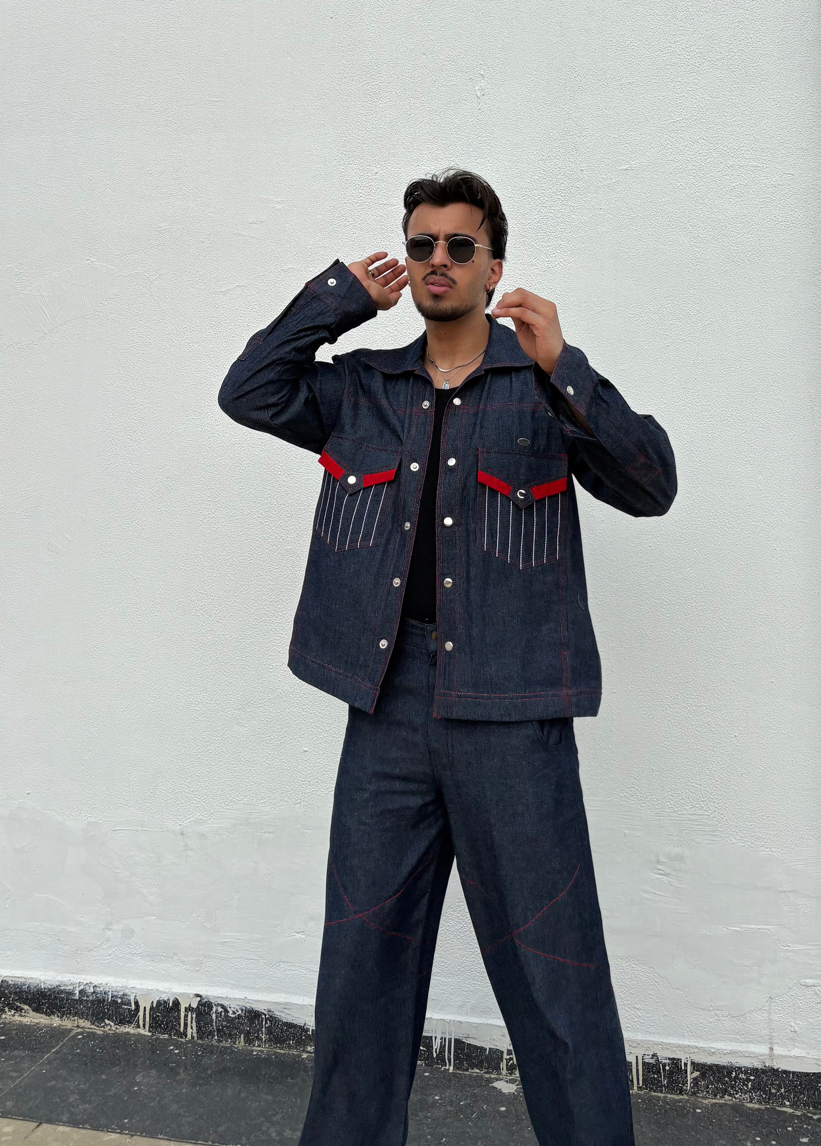 Blue Red Denim Jacket & Pants set