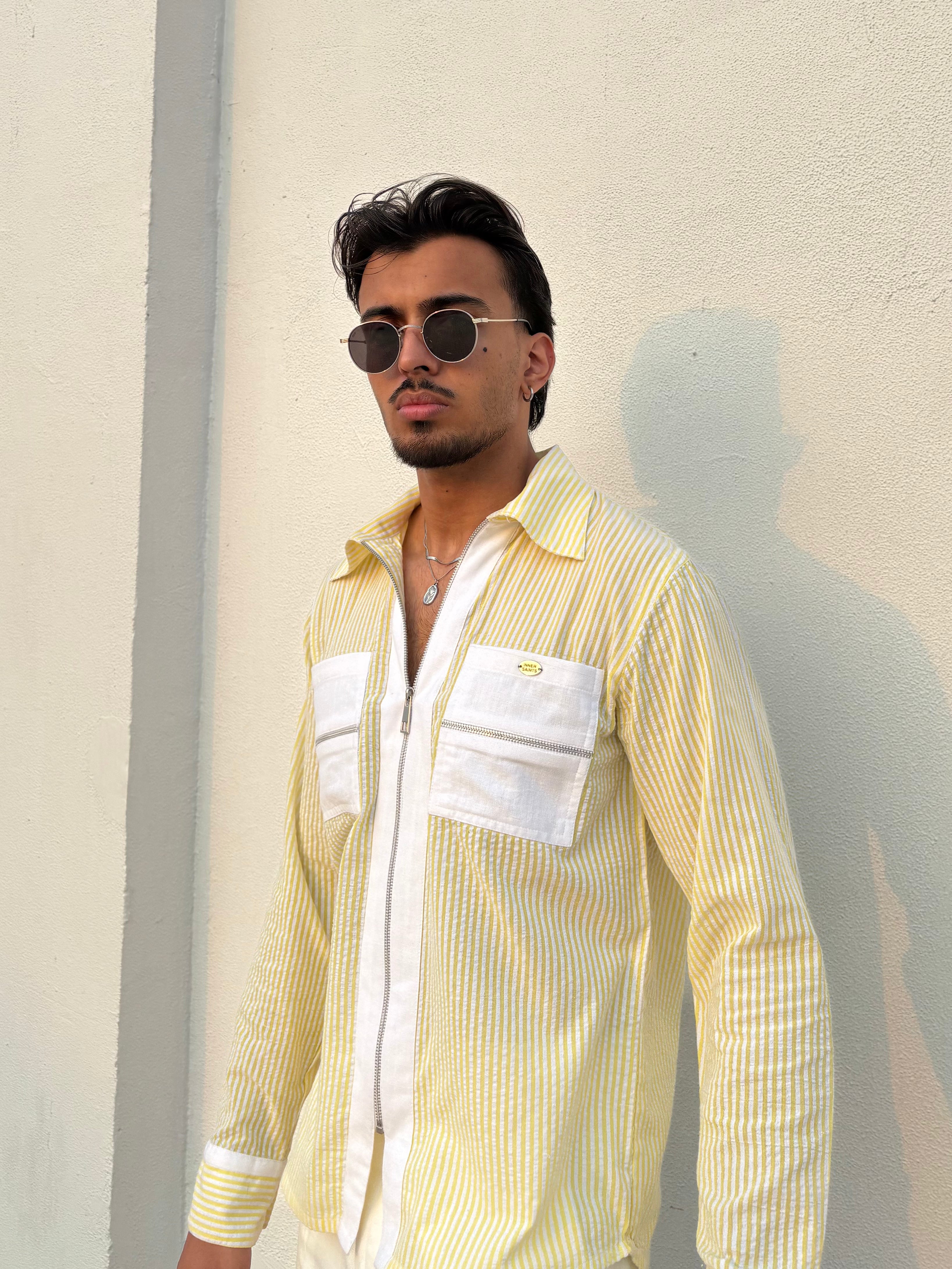 Yellow Stripe Shirt & White Pants Set