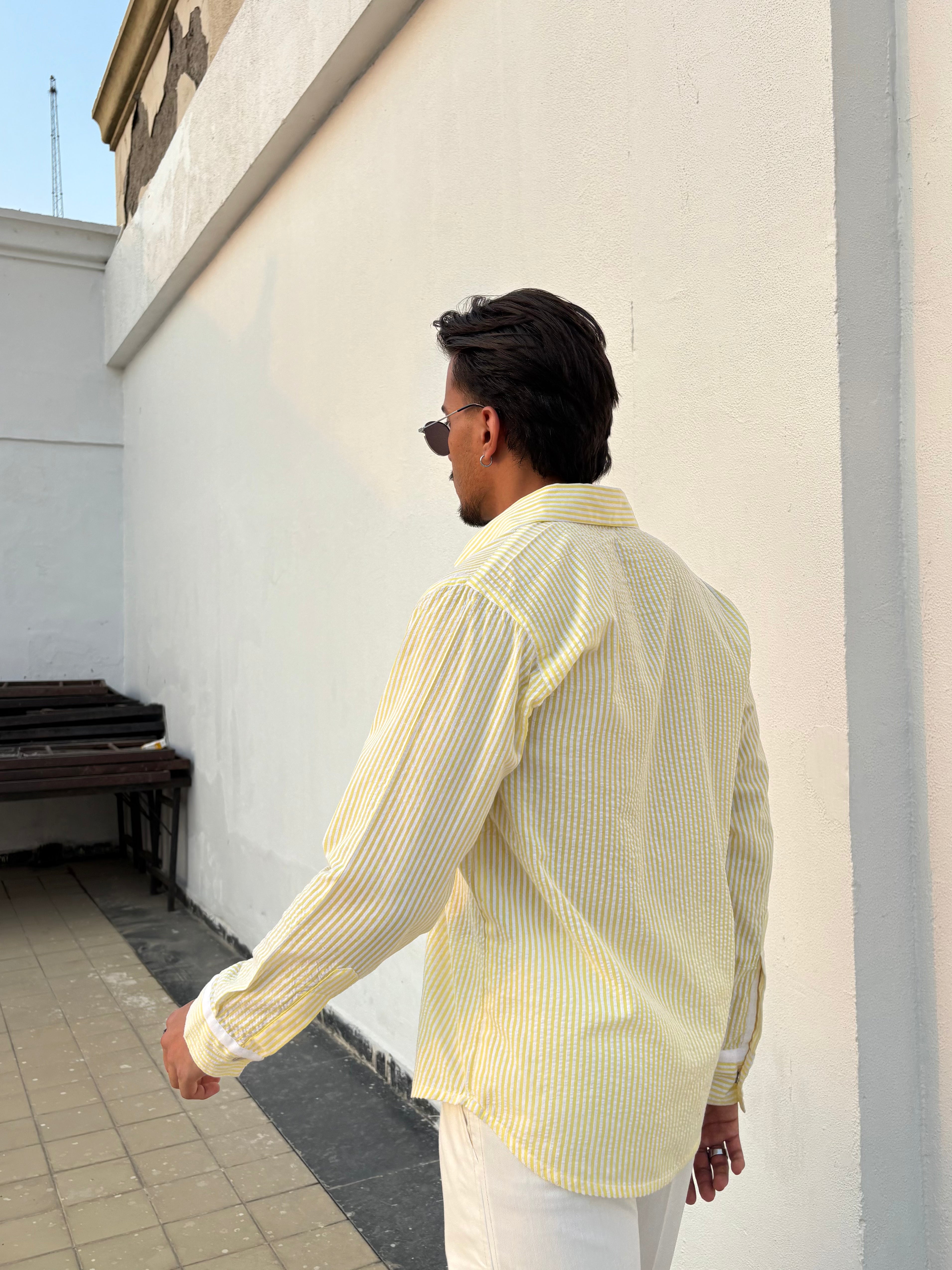 Yellow Stripe Shirt & White Pants Set