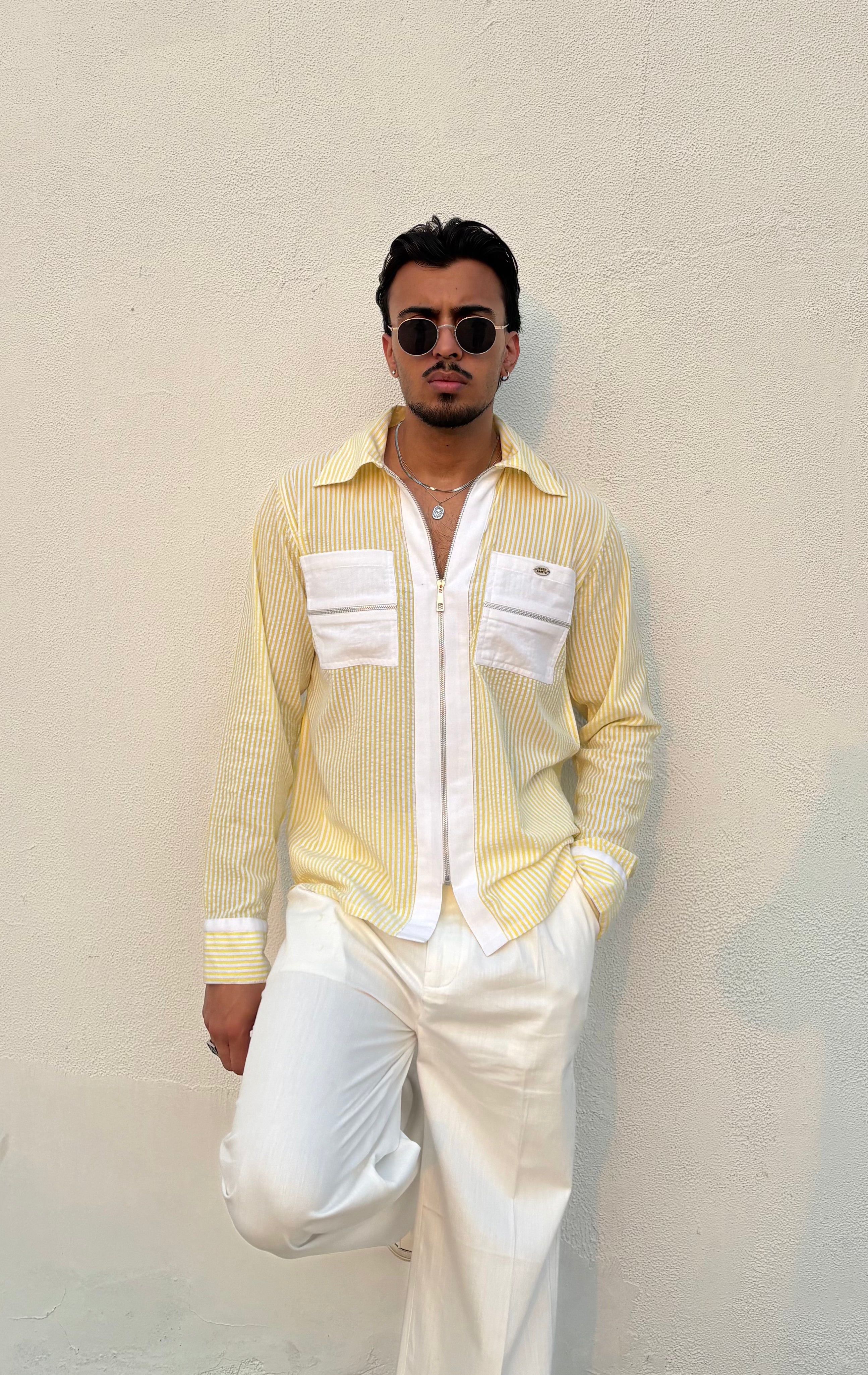 Yellow Stripe Shirt & White Pants Set