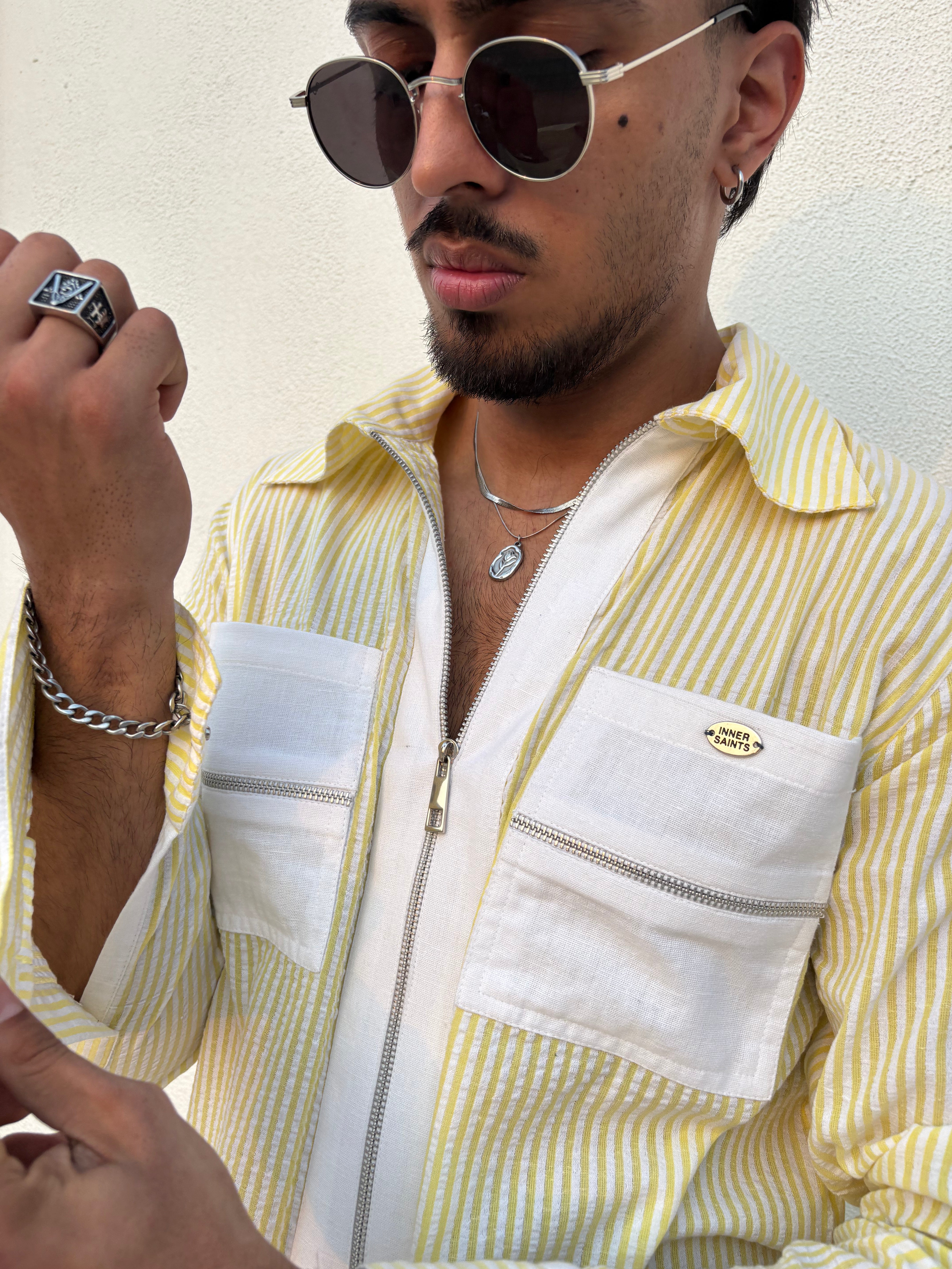 Yellow Stripe Shirt & White Pants Set