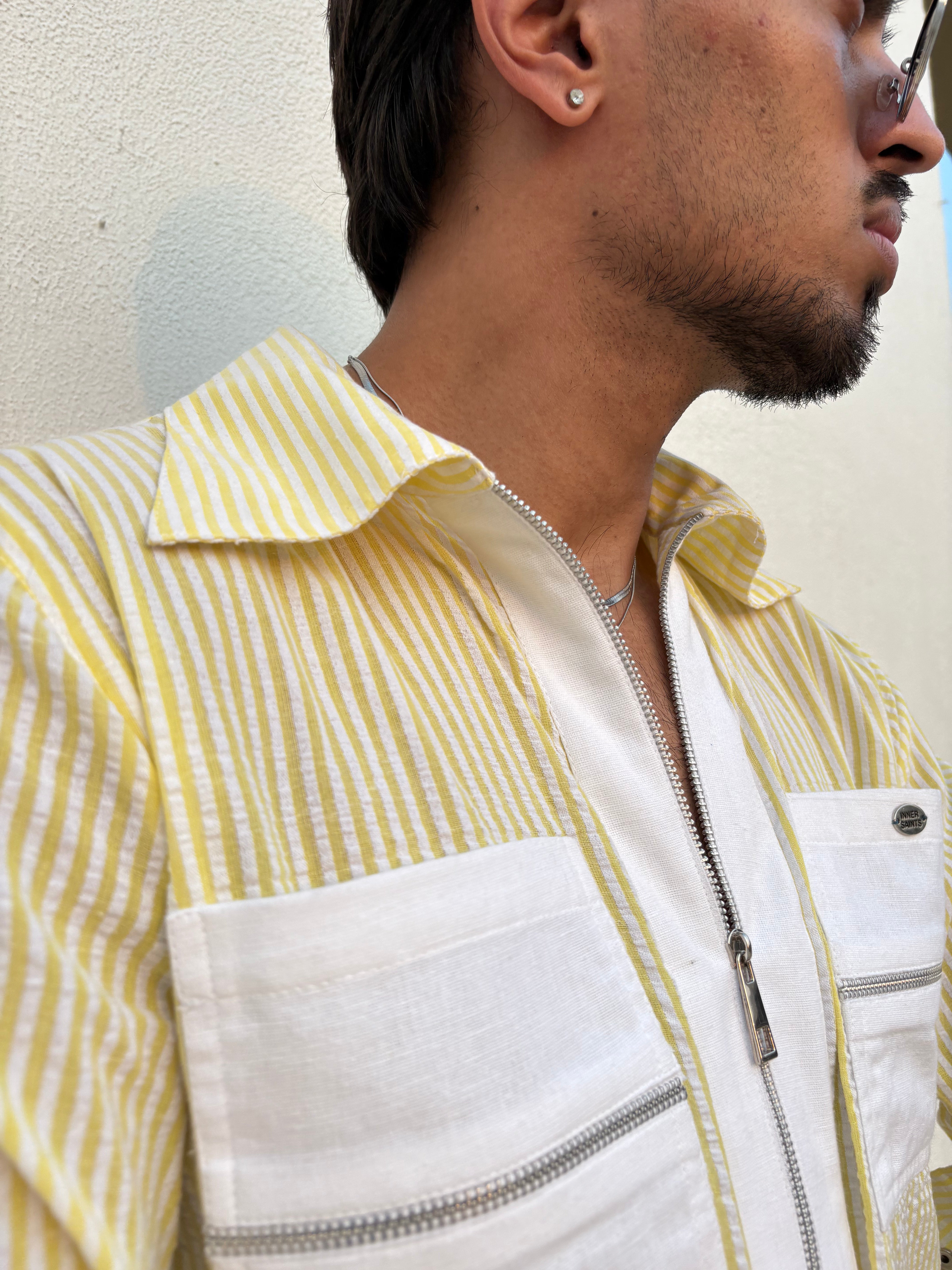 Yellow Stripe Shirt & White Pants Set