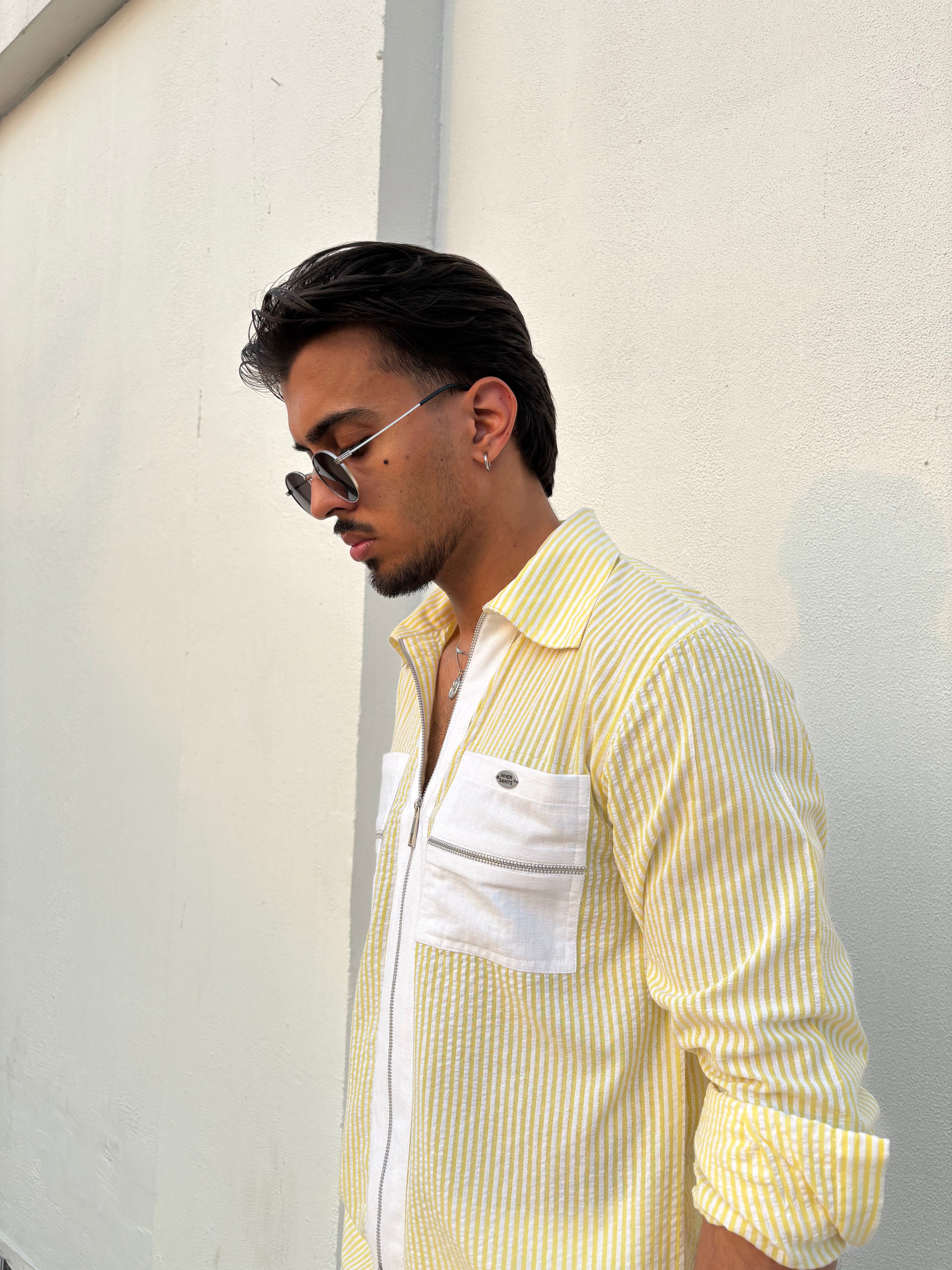 Yellow Stripe Shirt & White Pants Set