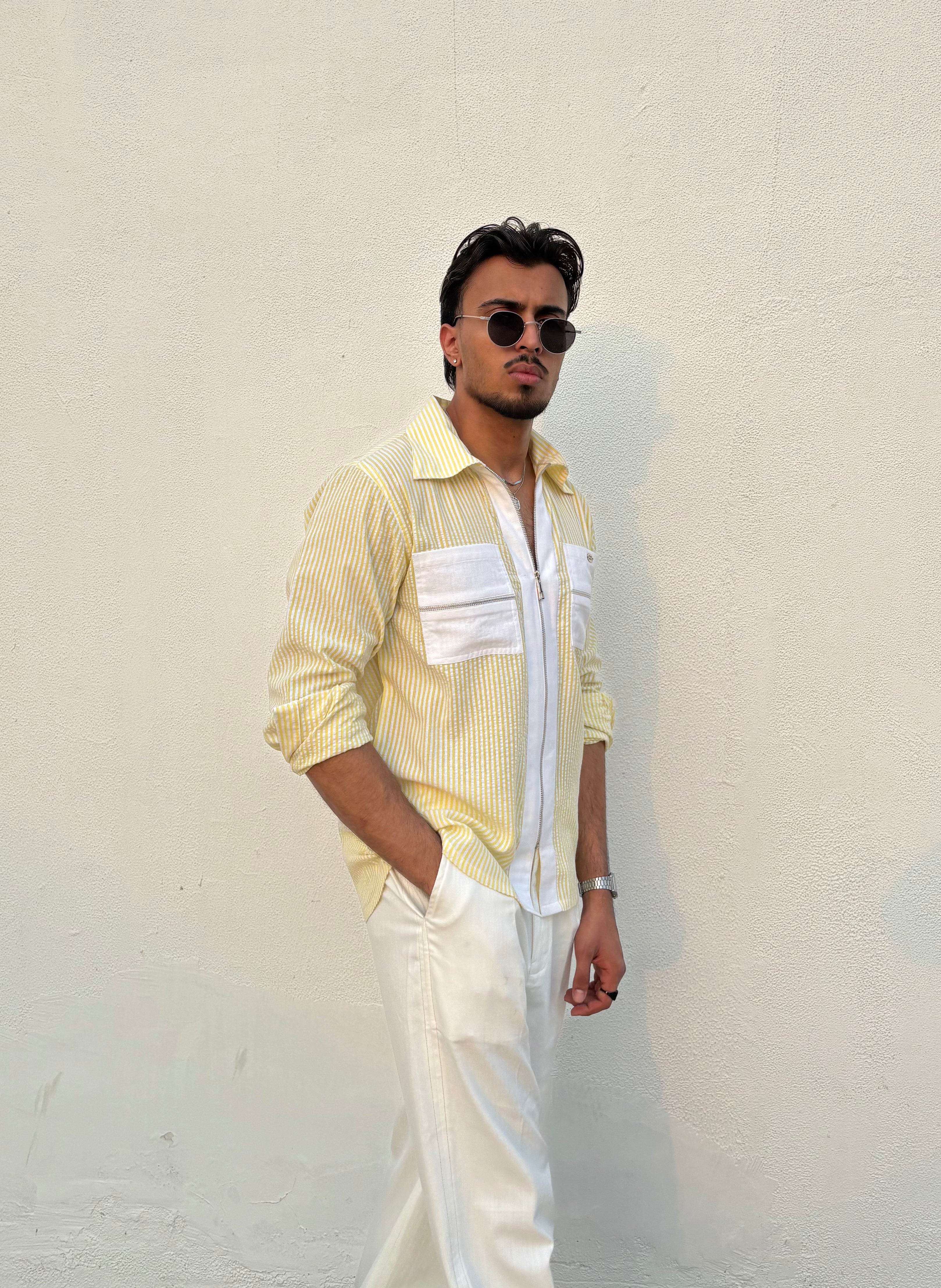 Yellow Stripe Shirt & White Pants Set