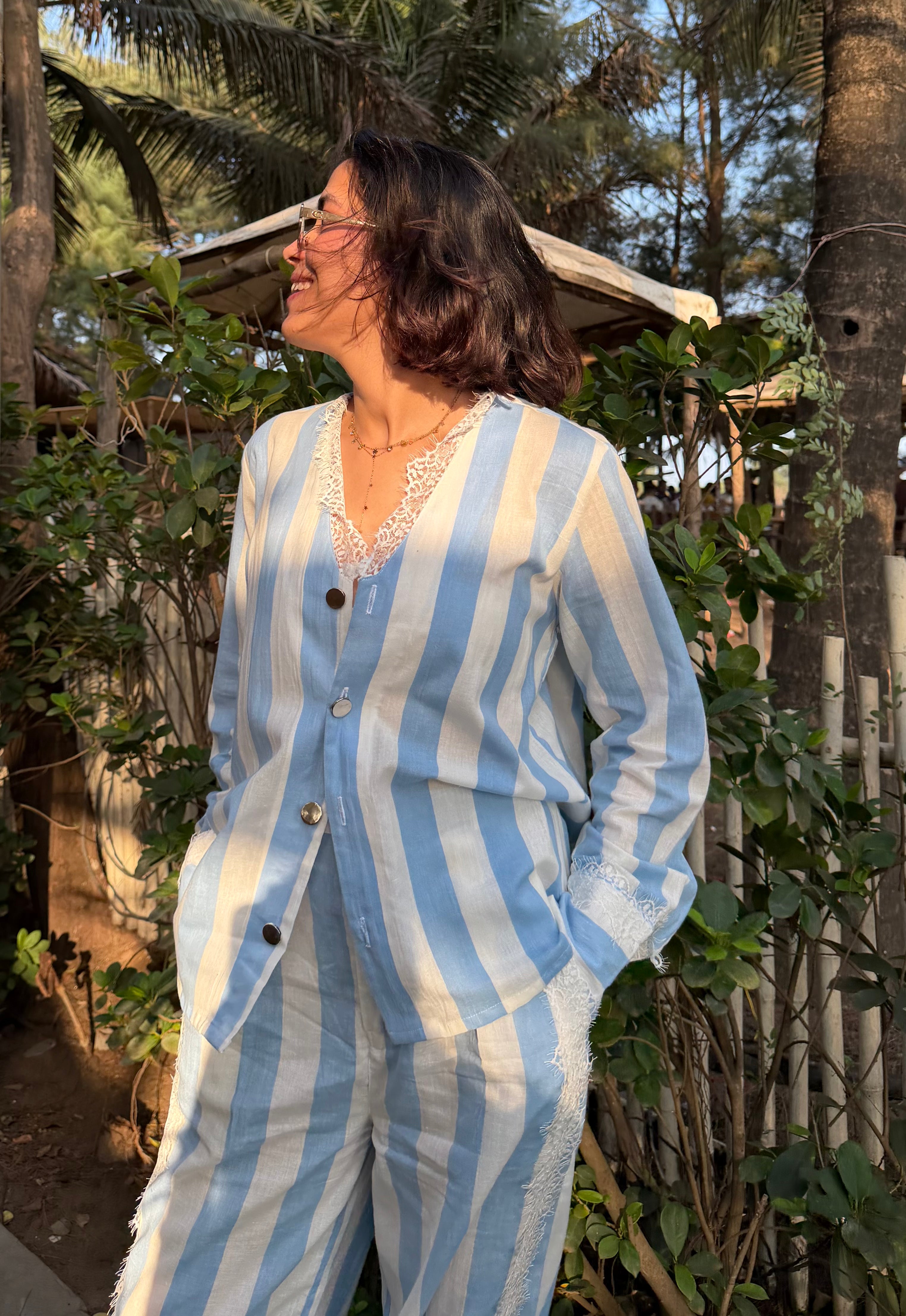 Blue Lace Stripe Women Set