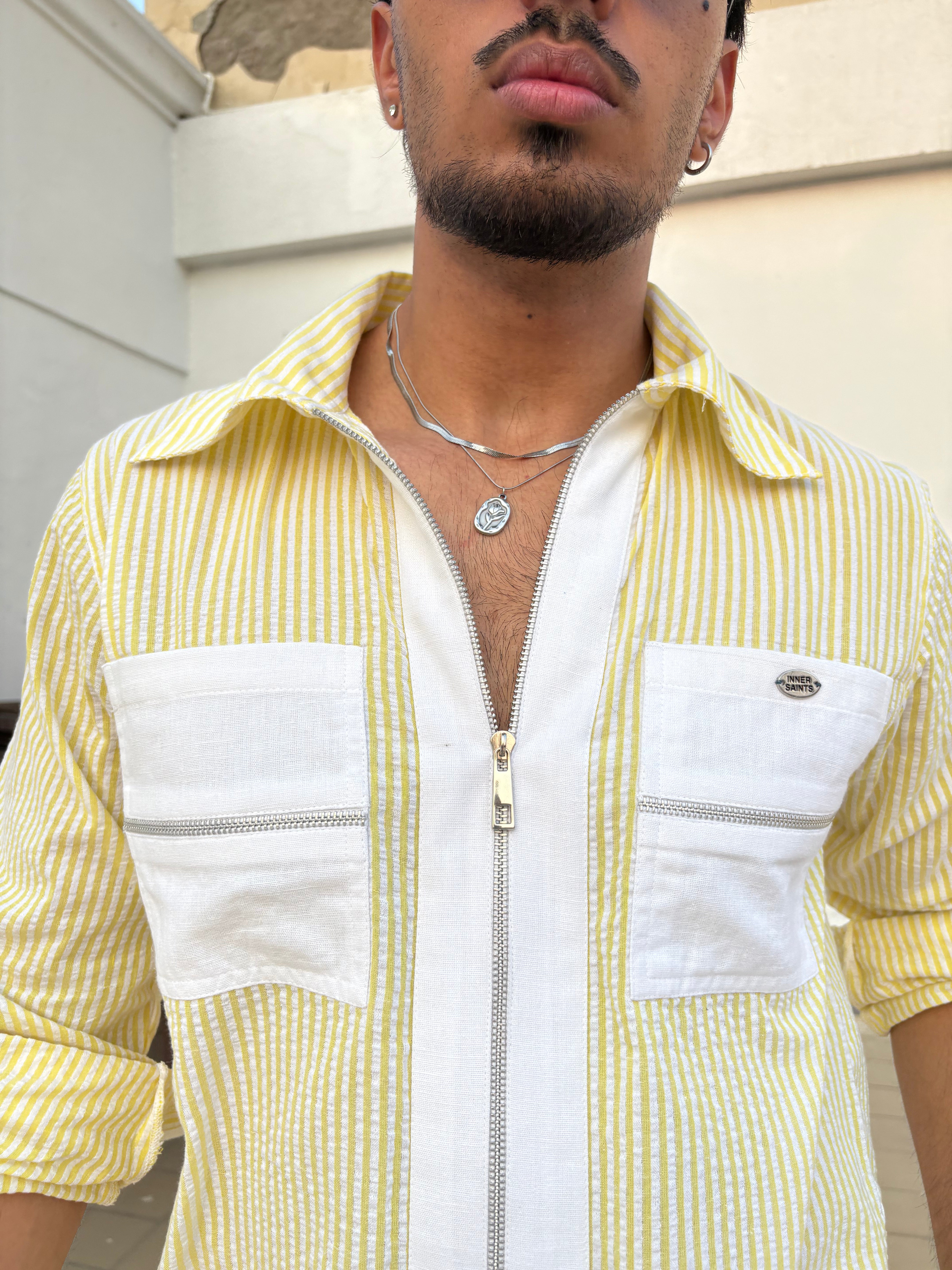 Yellow Stripe Shirt & White Pants Set