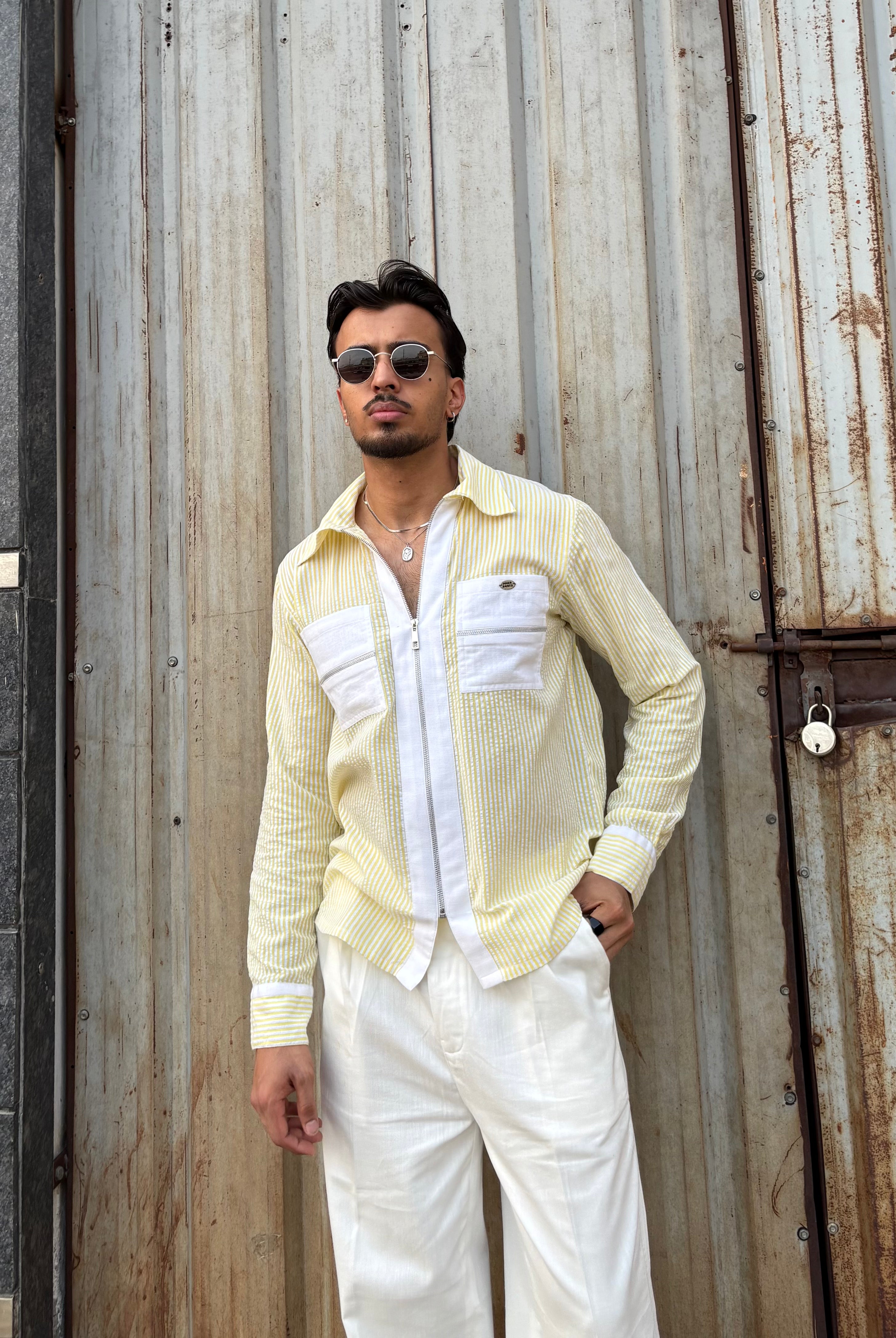 Yellow Stripe Shirt & White Pants Set