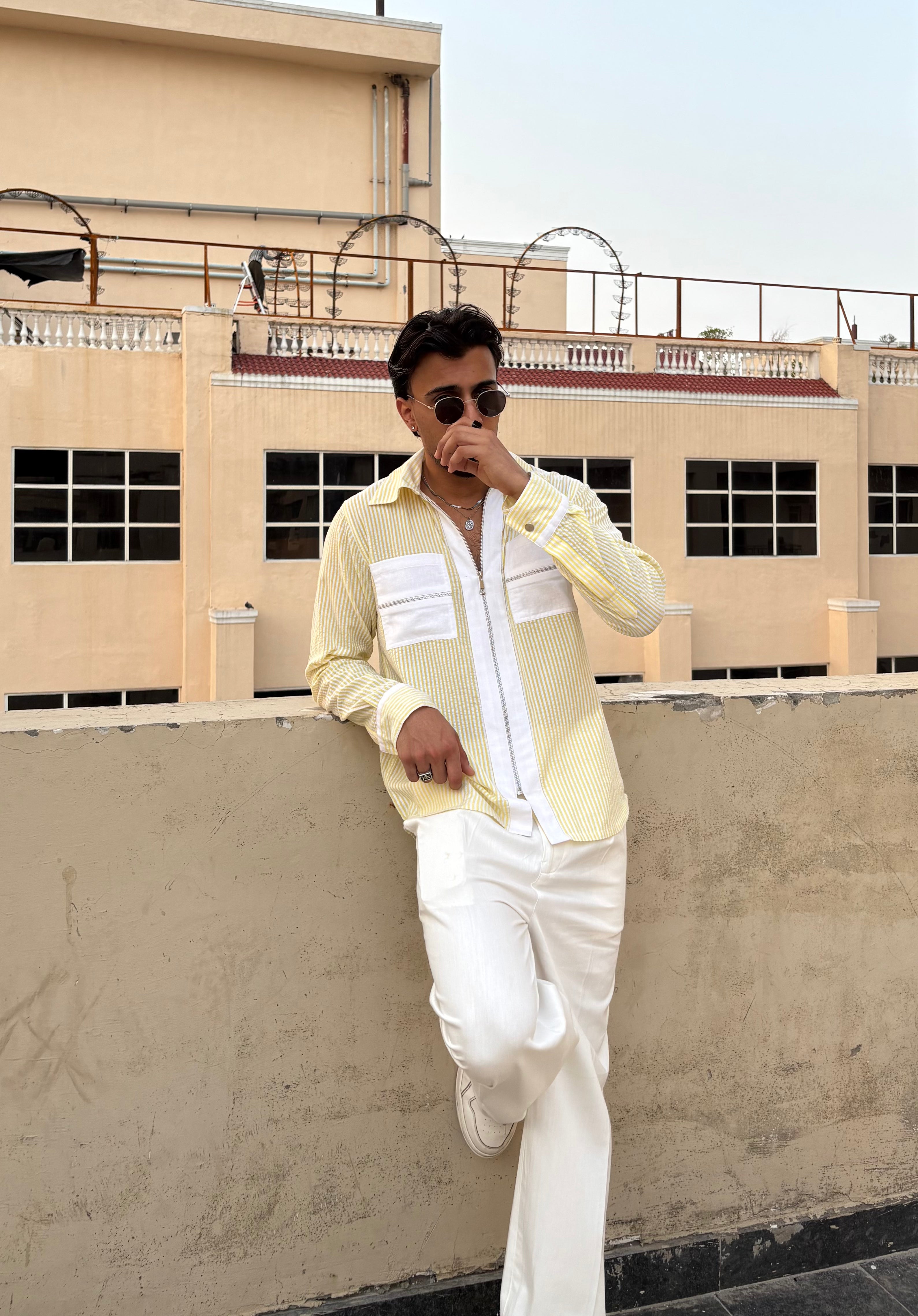 Yellow Stripe Shirt & White Pants Set
