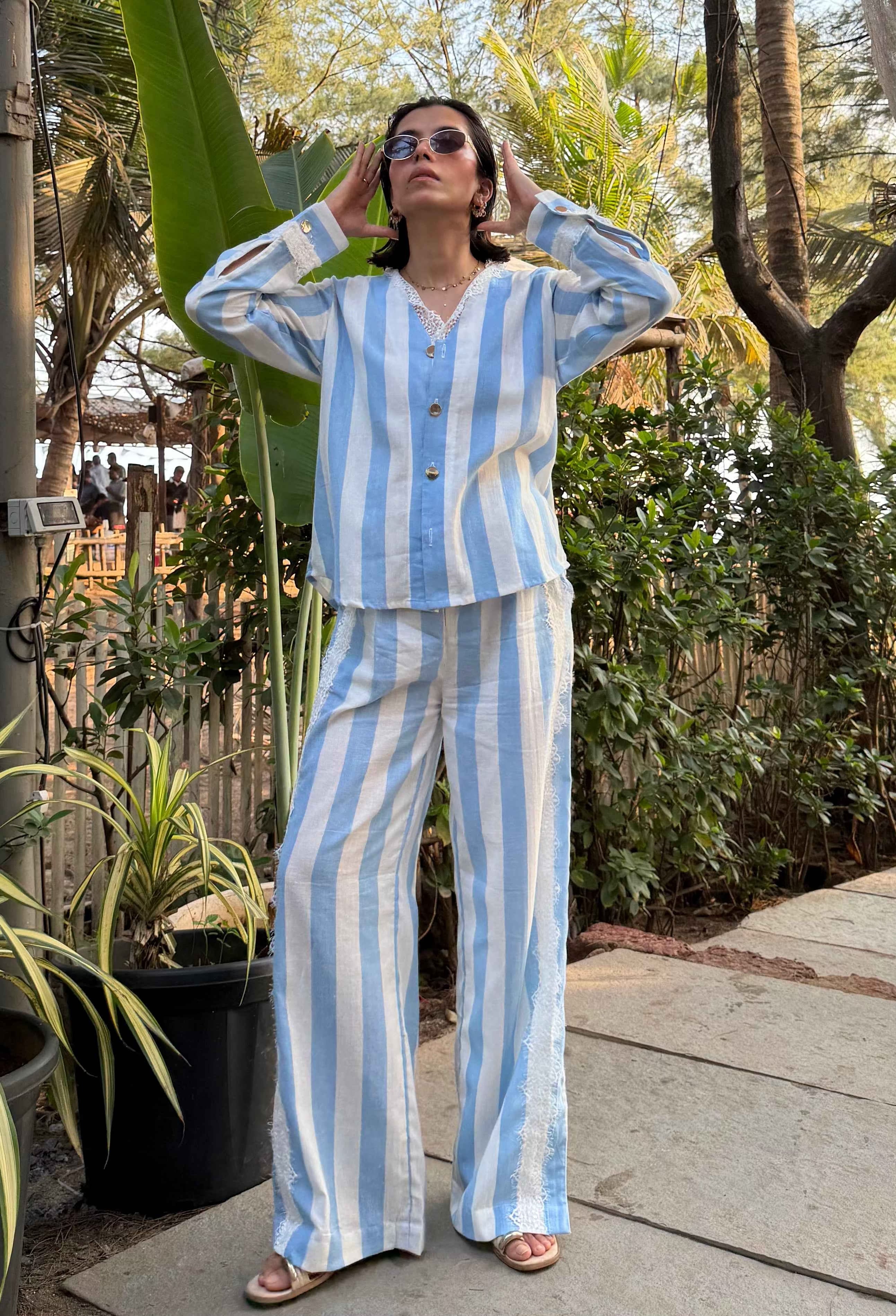 Blue Lace Stripe Women Set