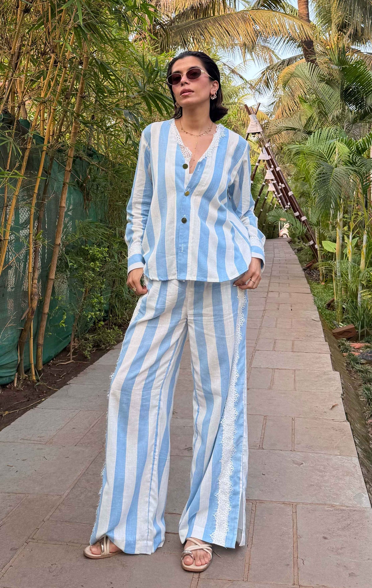 Blue Lace Stripe Women Set