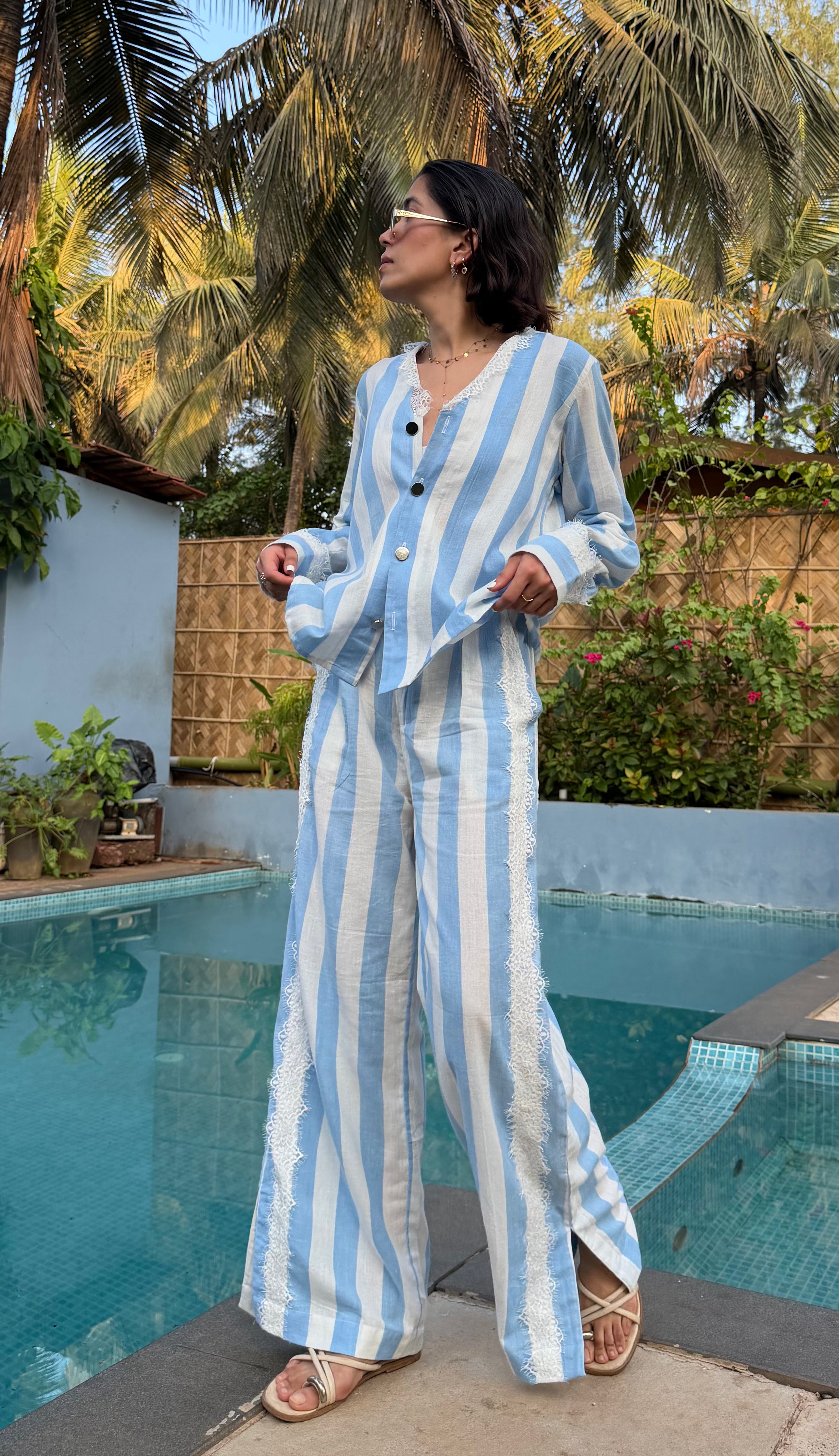 Blue Lace Stripe Women Set