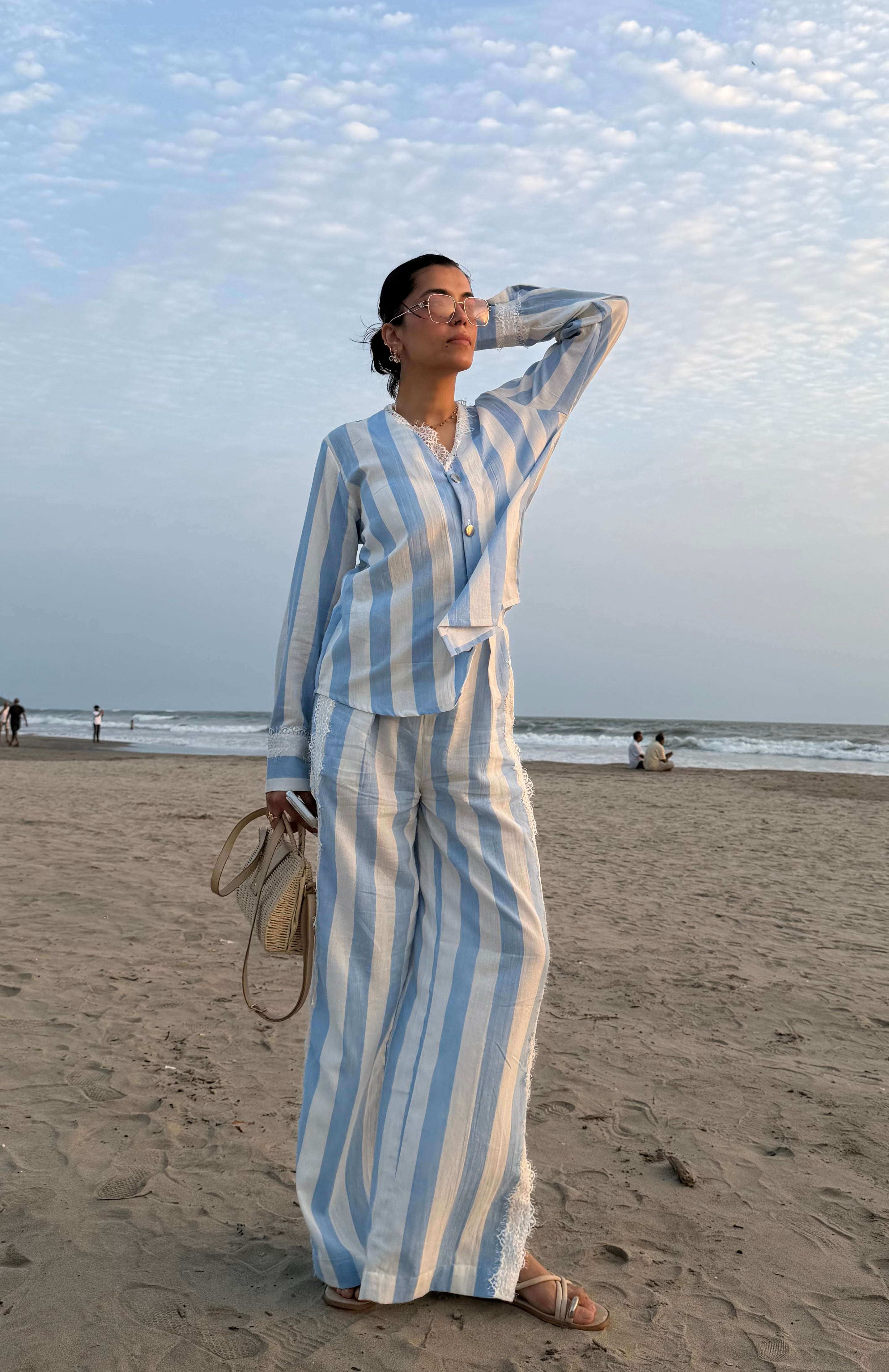 Blue Lace Stripe Women Set