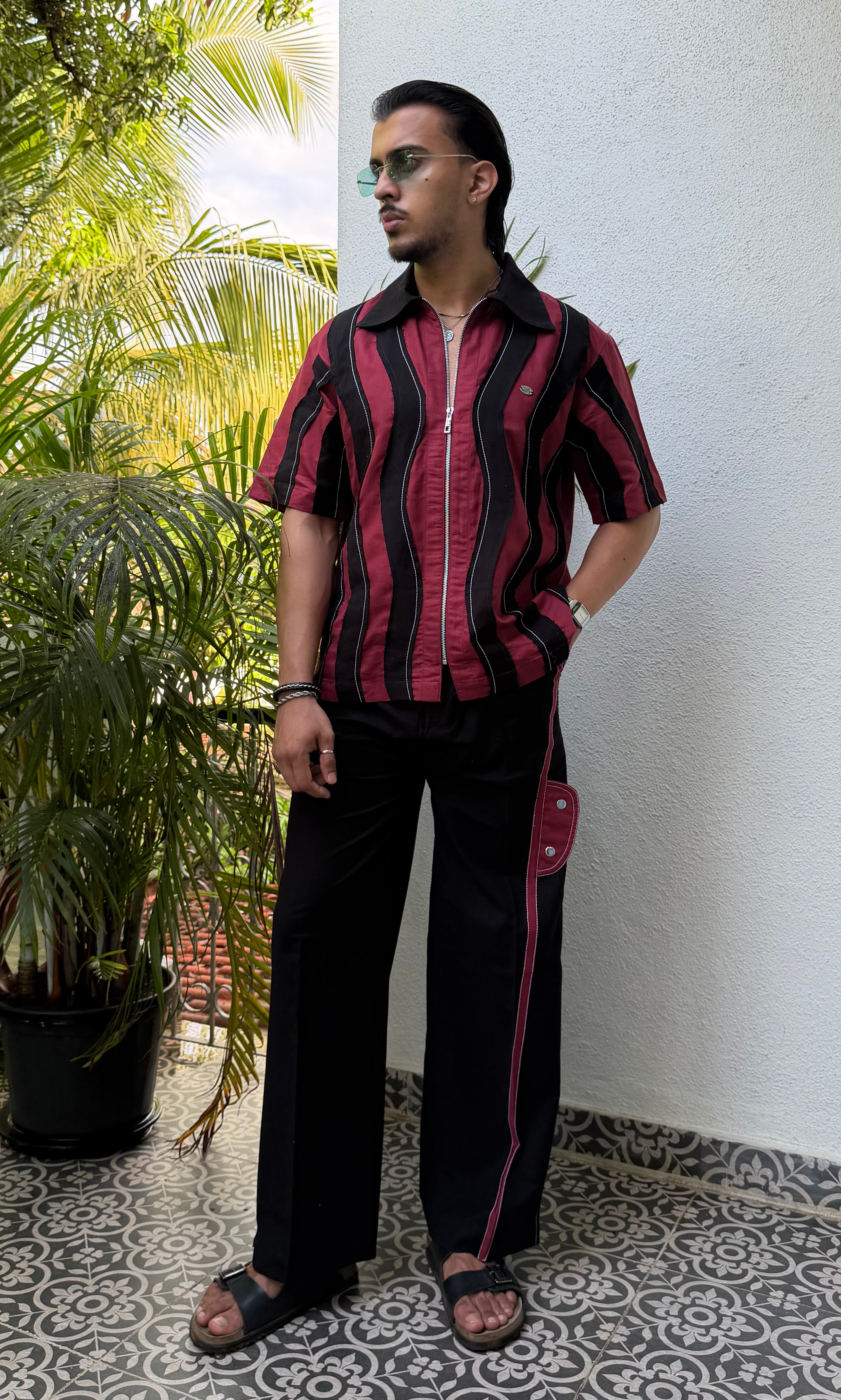 Wavy Maroon Black Linen Men Set