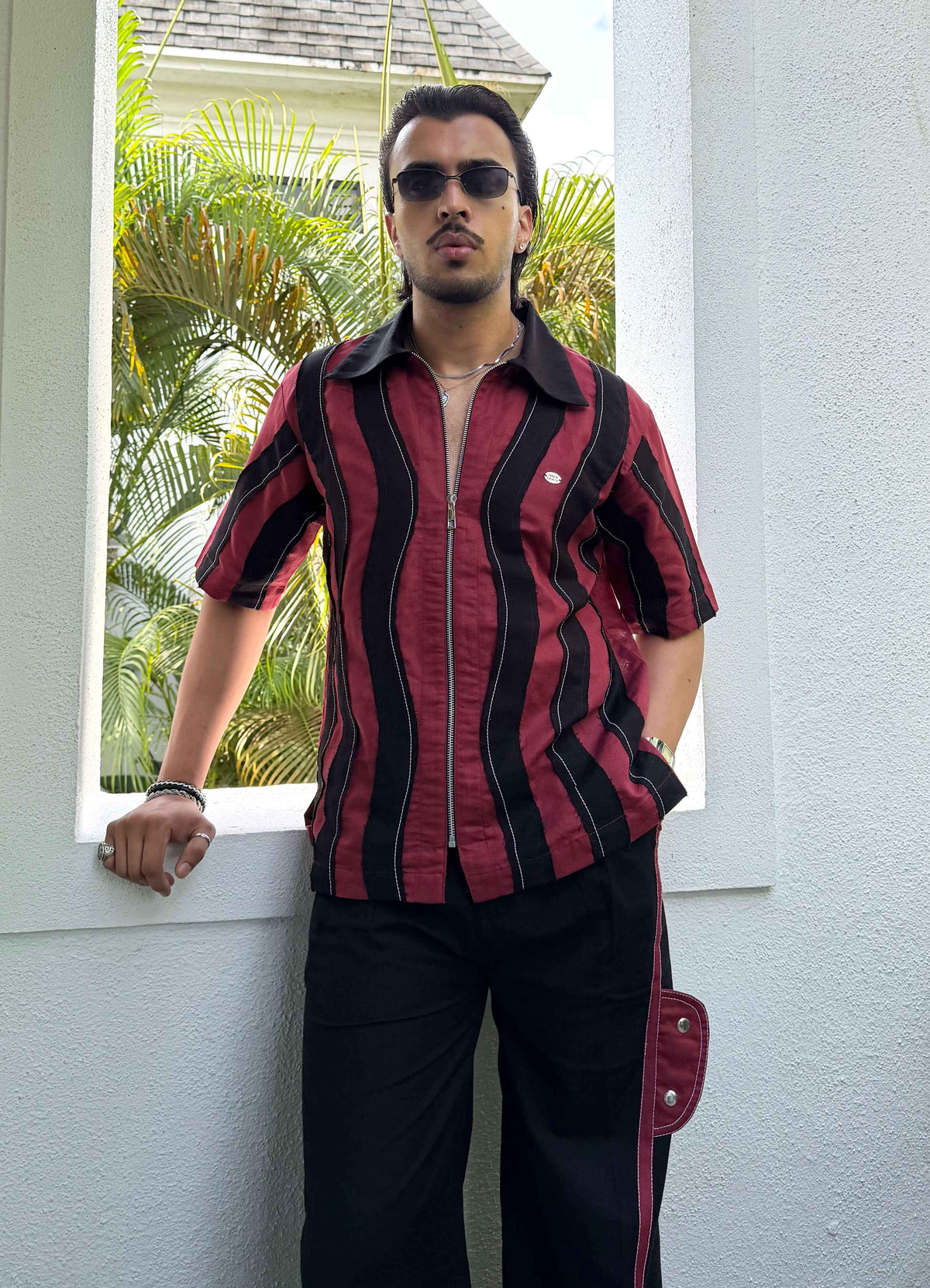 Wavy Maroon Black Linen Men Set