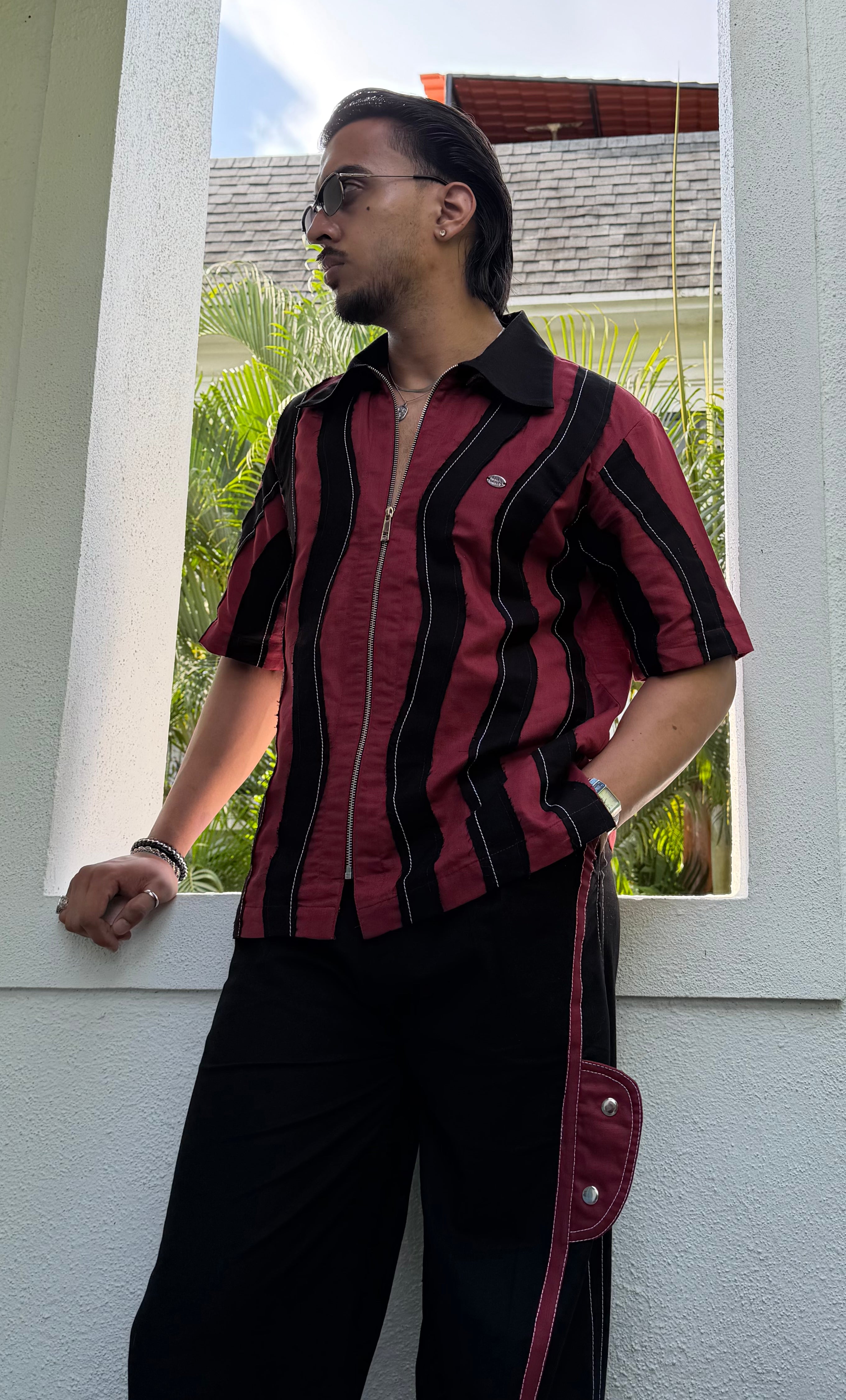 Wavy Maroon Black Linen Men Set