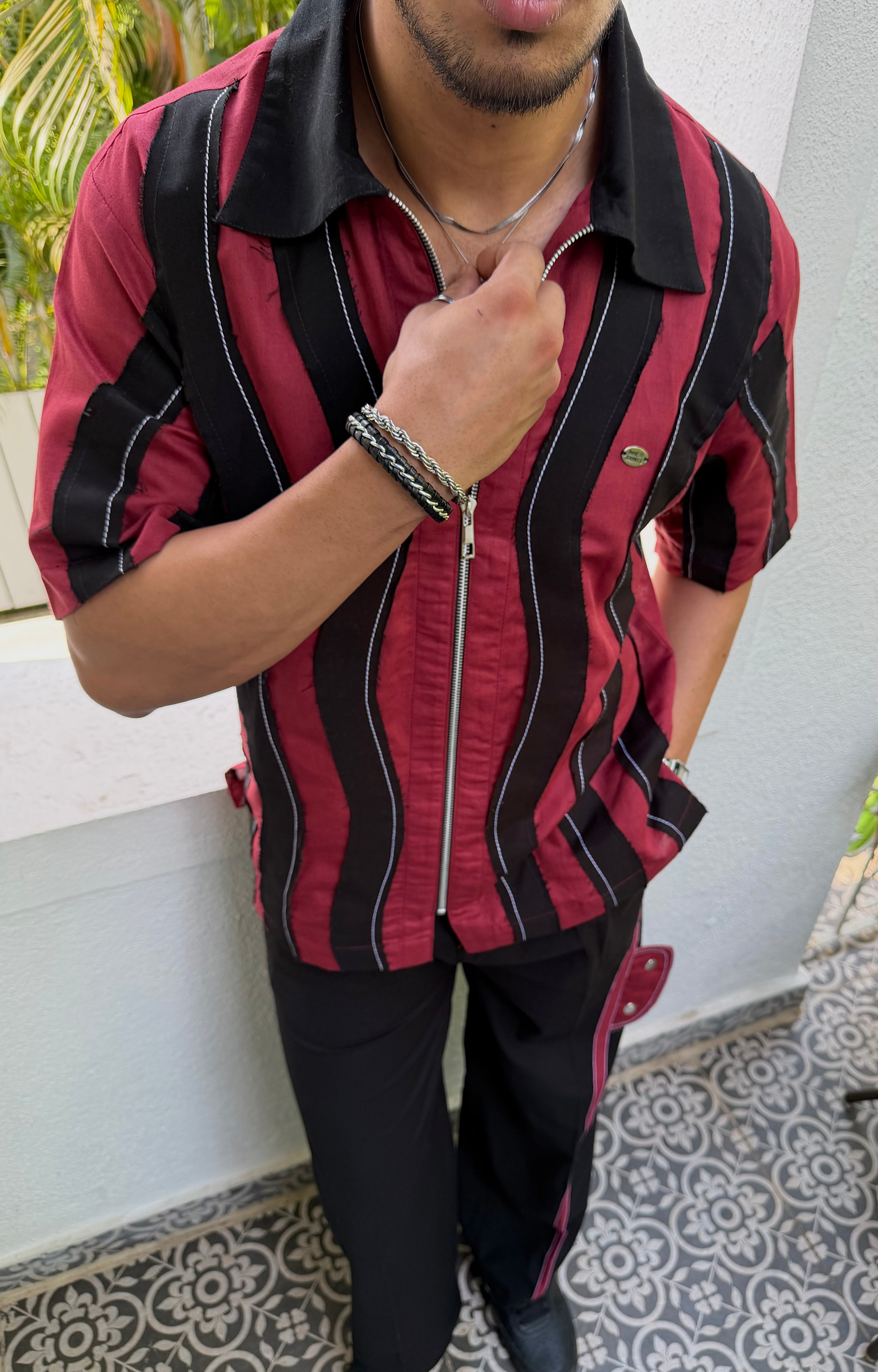 Wavy Maroon Black Linen Men Set