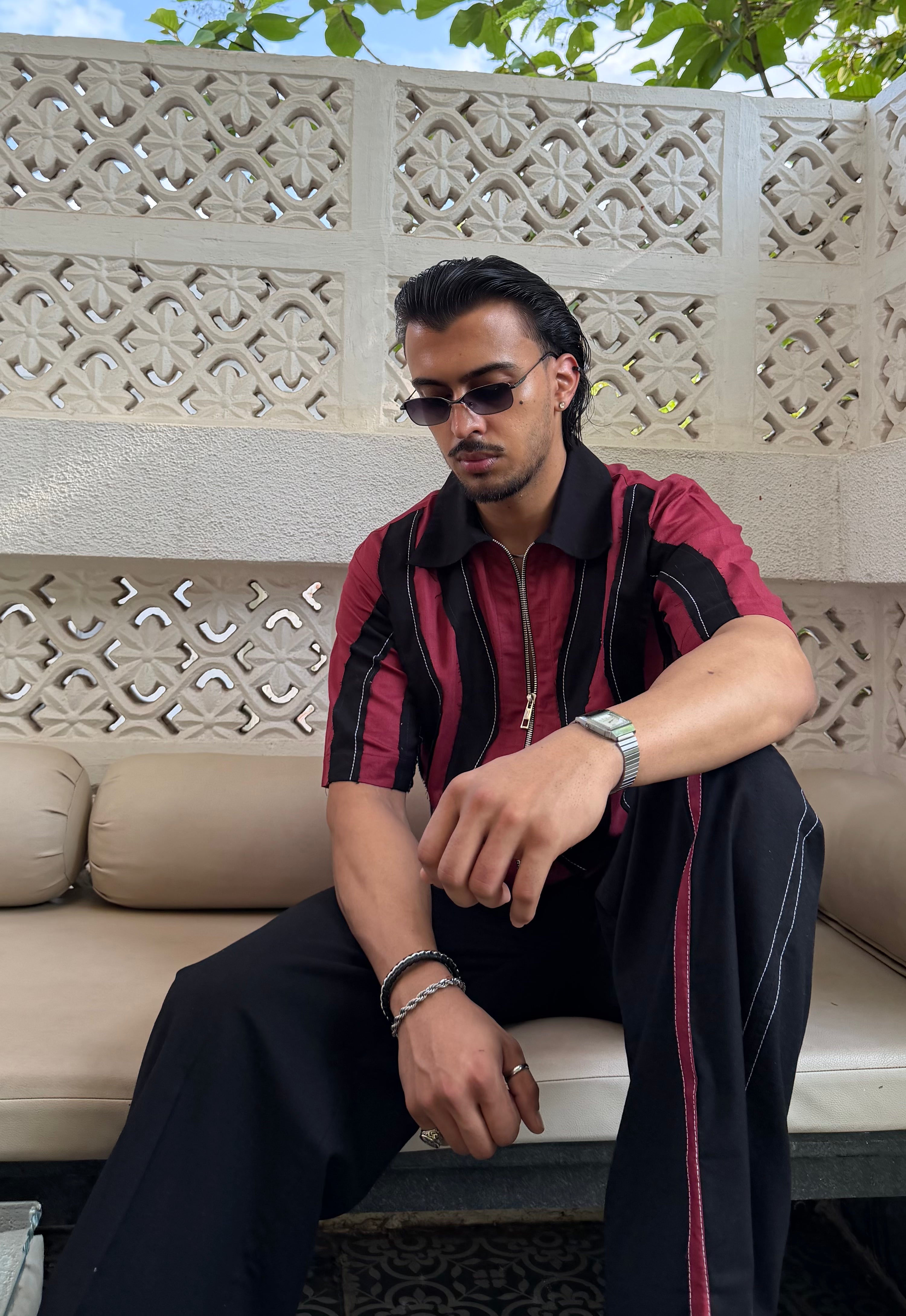 Wavy Maroon Black Linen Men Set