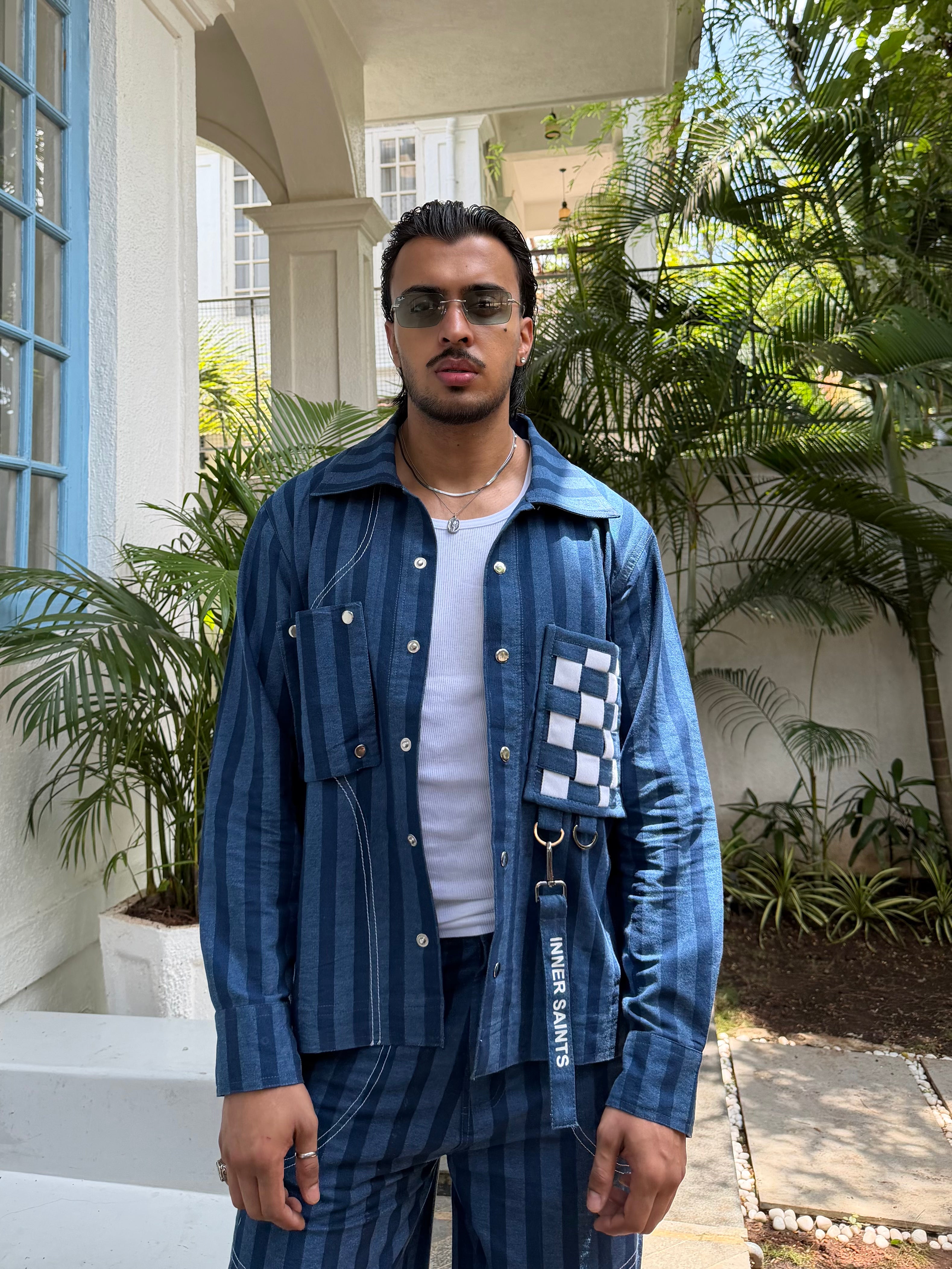 Blue Denim Stripe Men Set