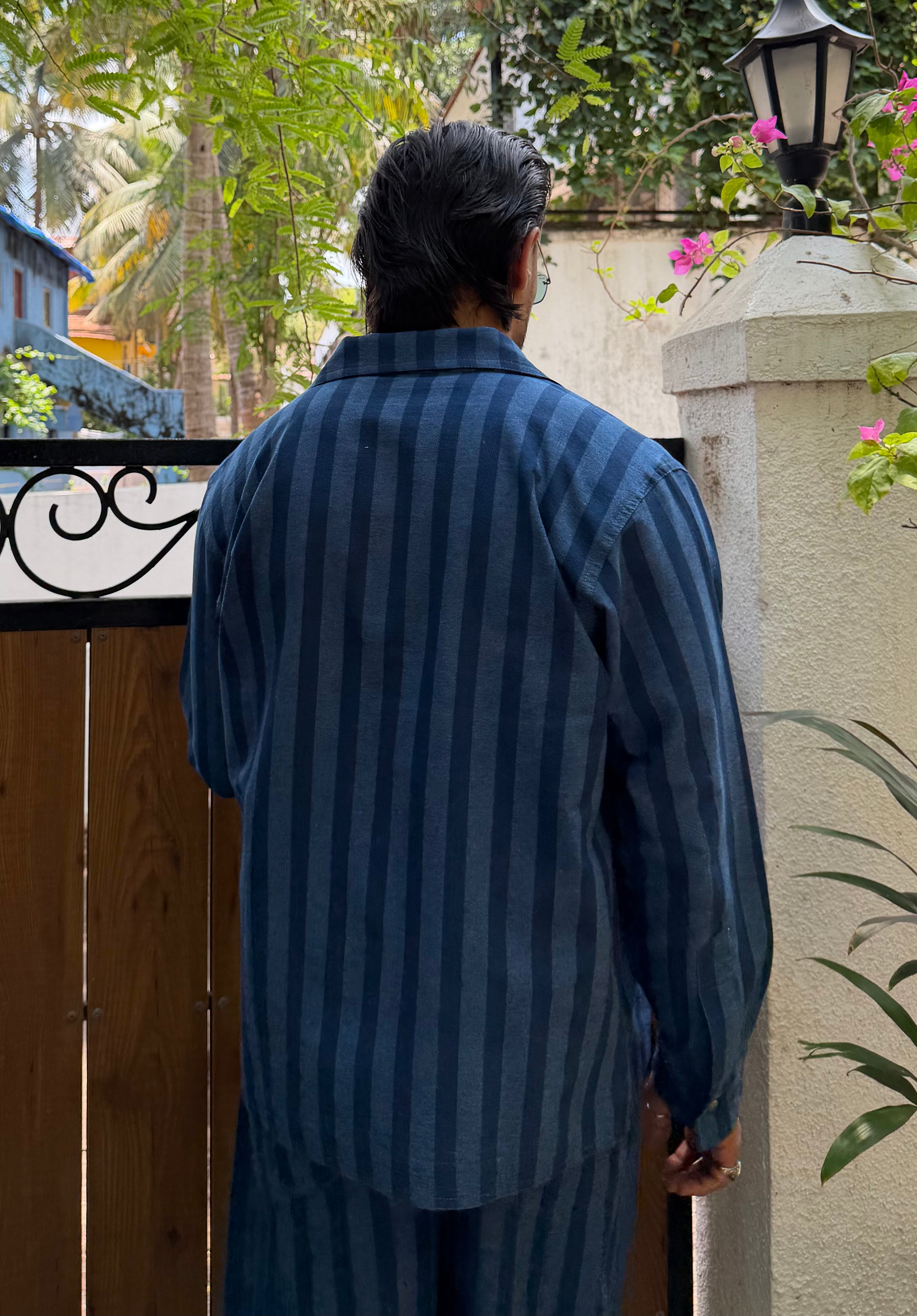 Blue Denim Stripe Men Set