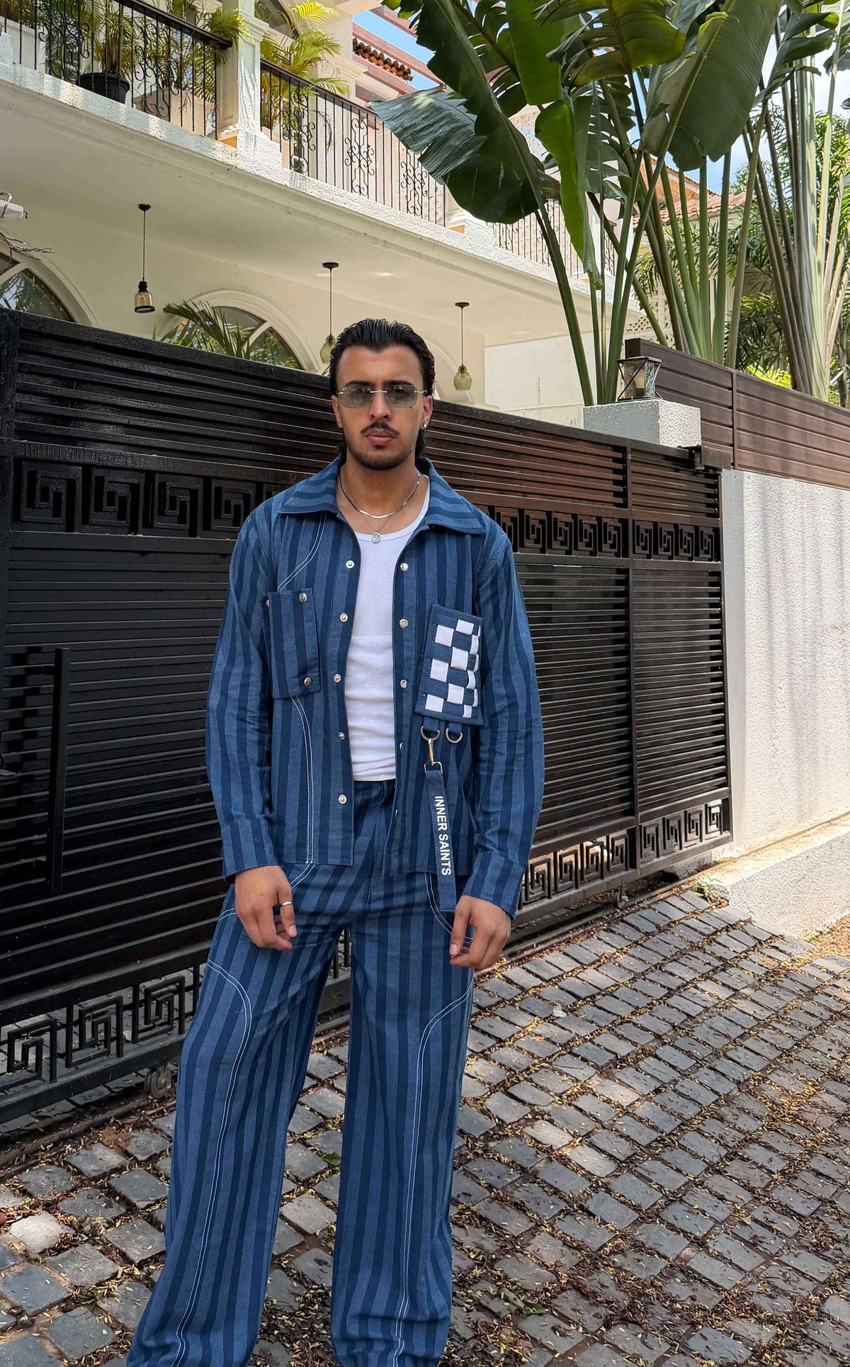 Blue Denim Stripe Men Set