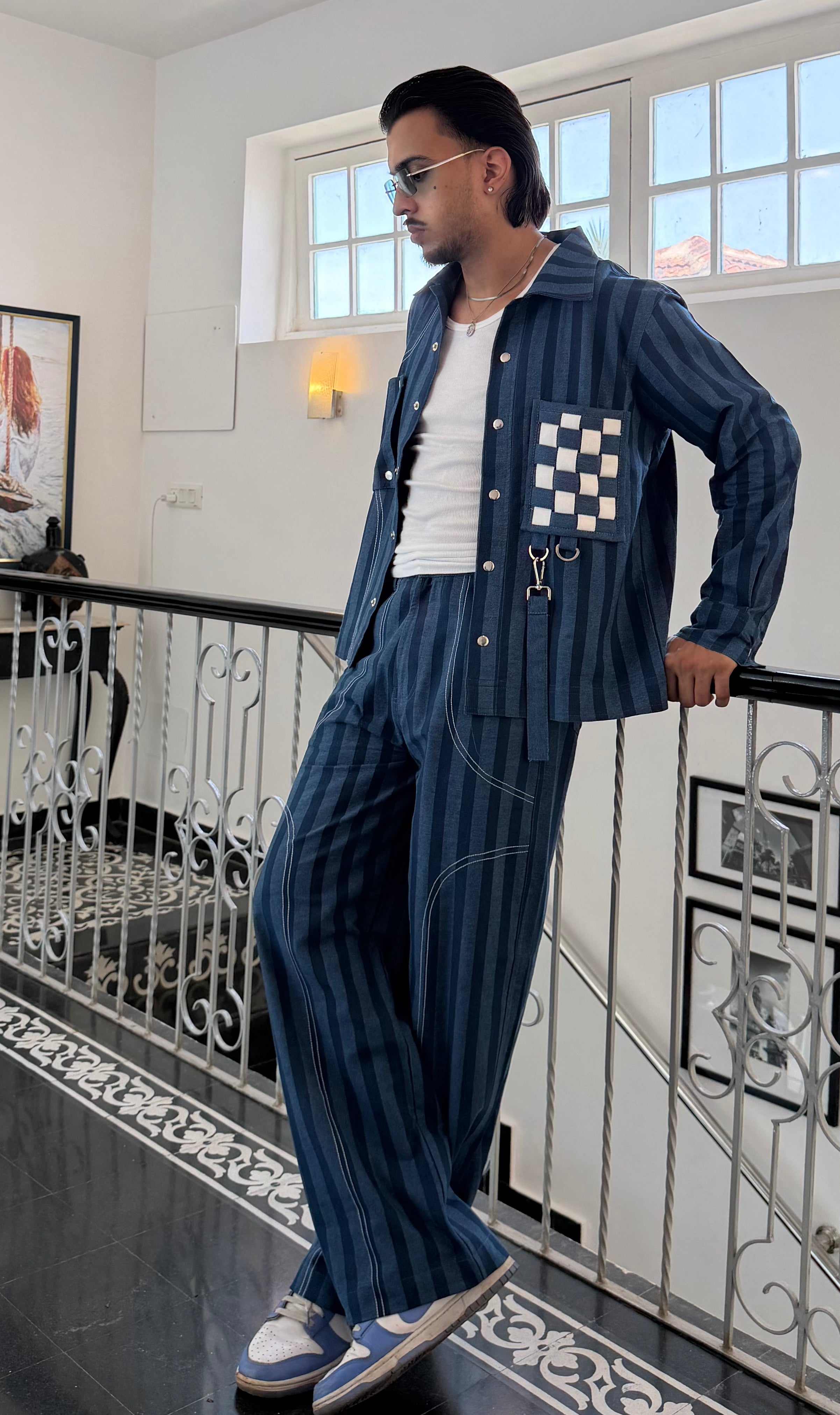 Blue Denim Stripe Men Set