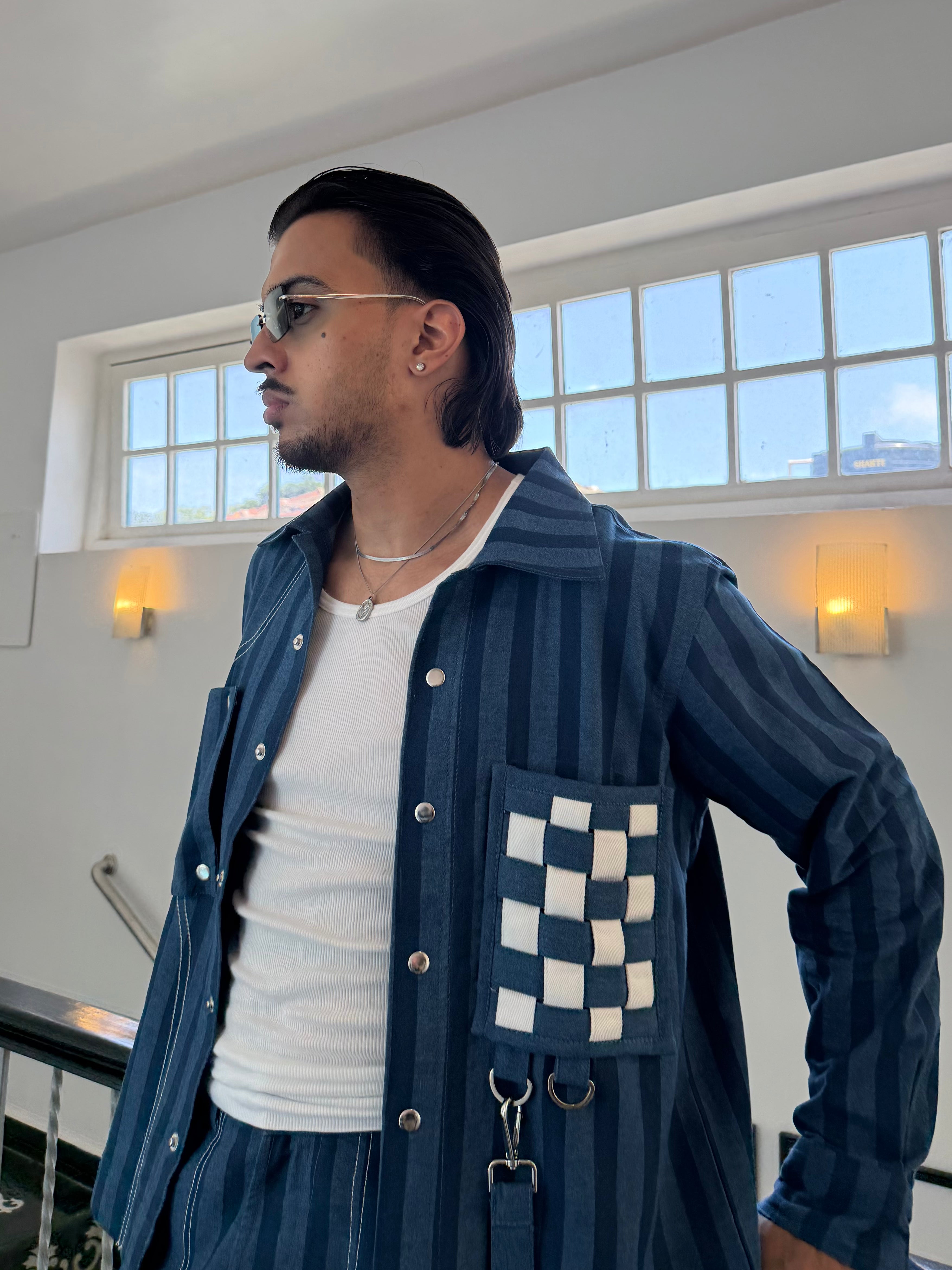 Blue Denim Stripe Men Set