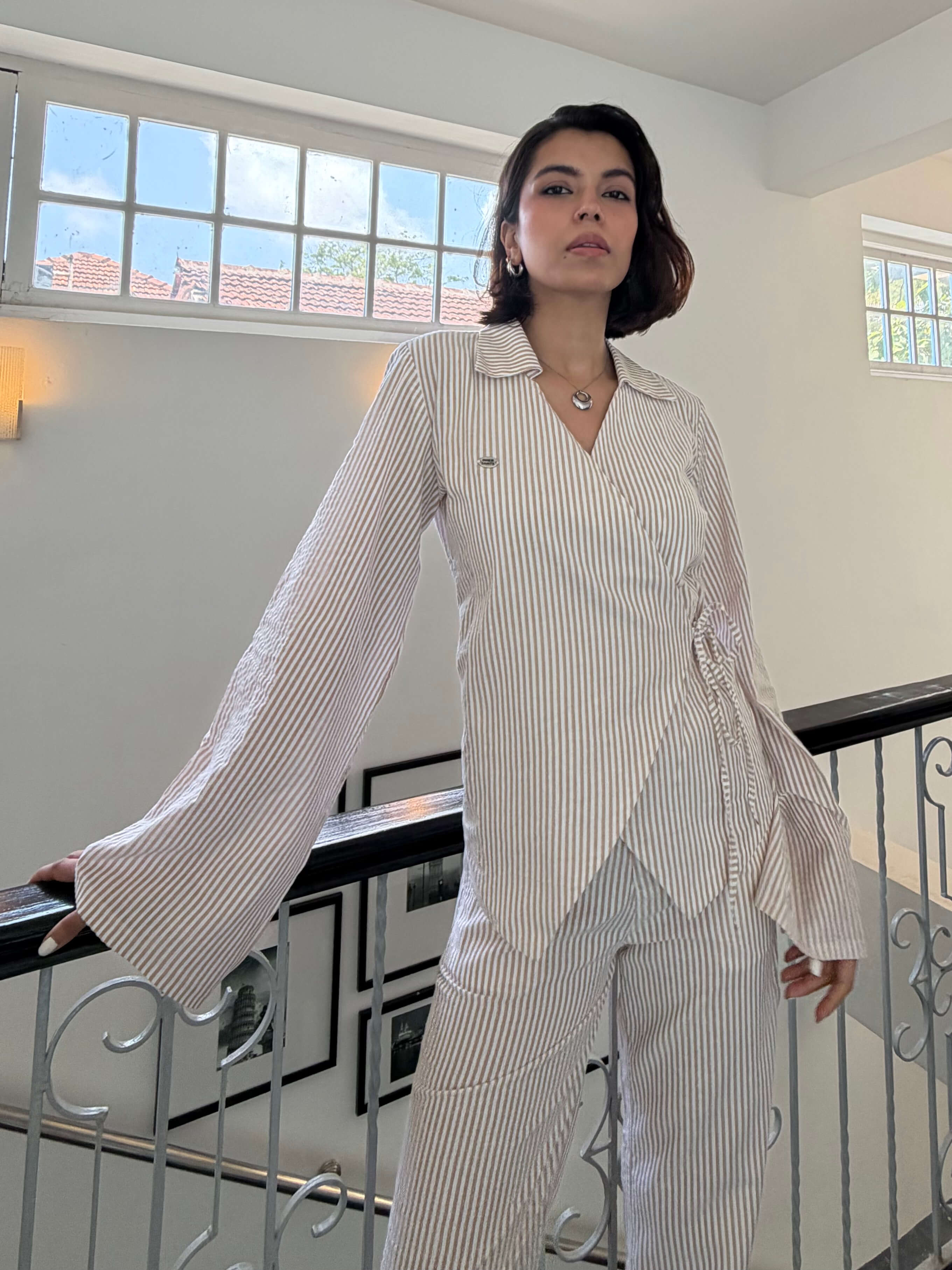 Beige Stripe Women Set