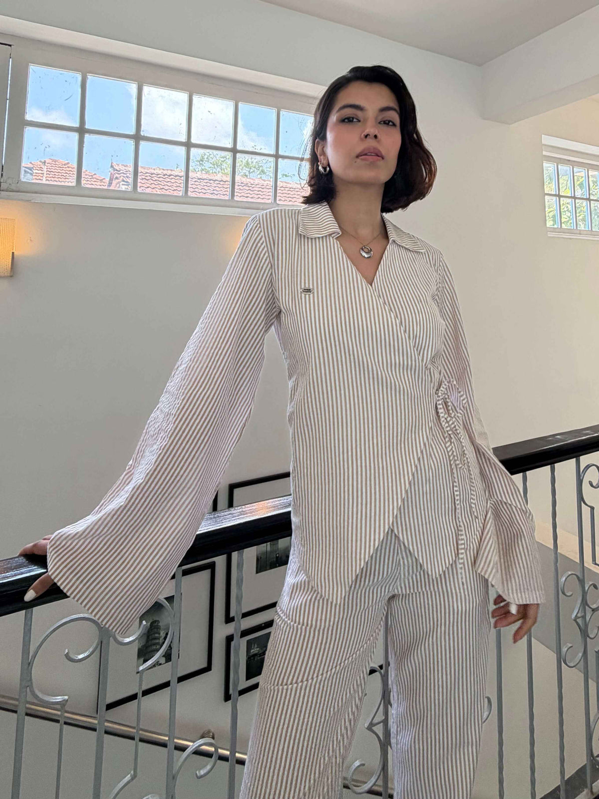 Beige Stripe Women Set