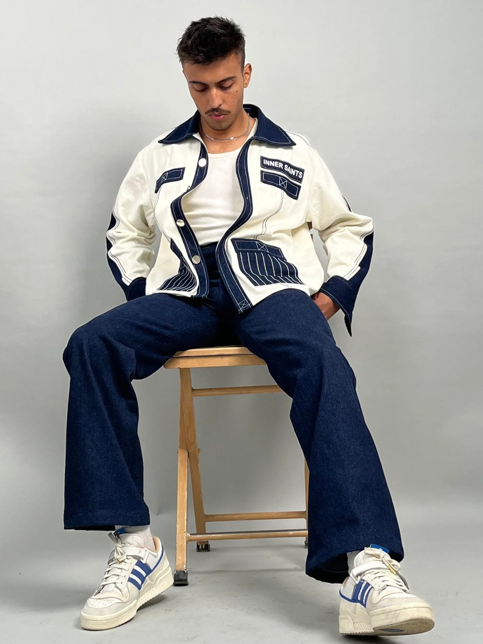 Denim White Blue Shirt & Straight Fit Jeans Set