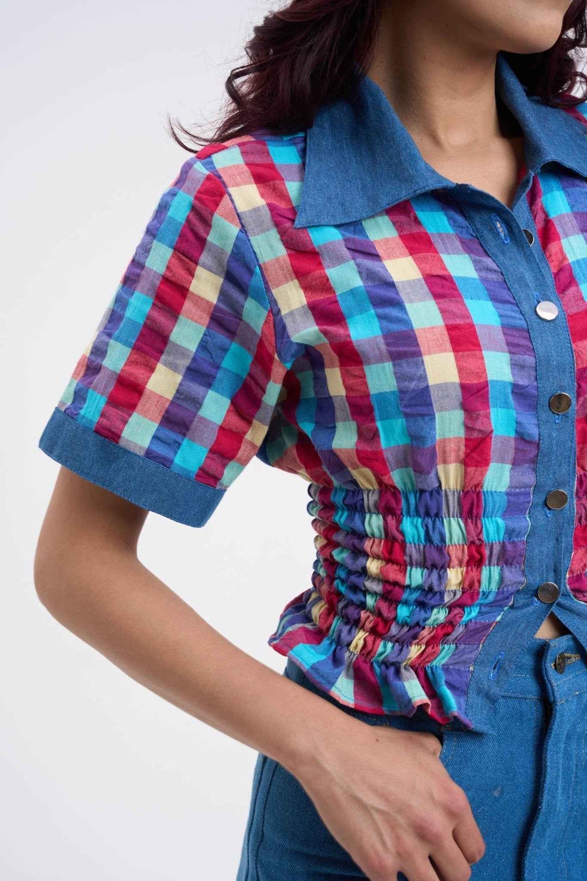 Retro Checkered Top & Denim Set