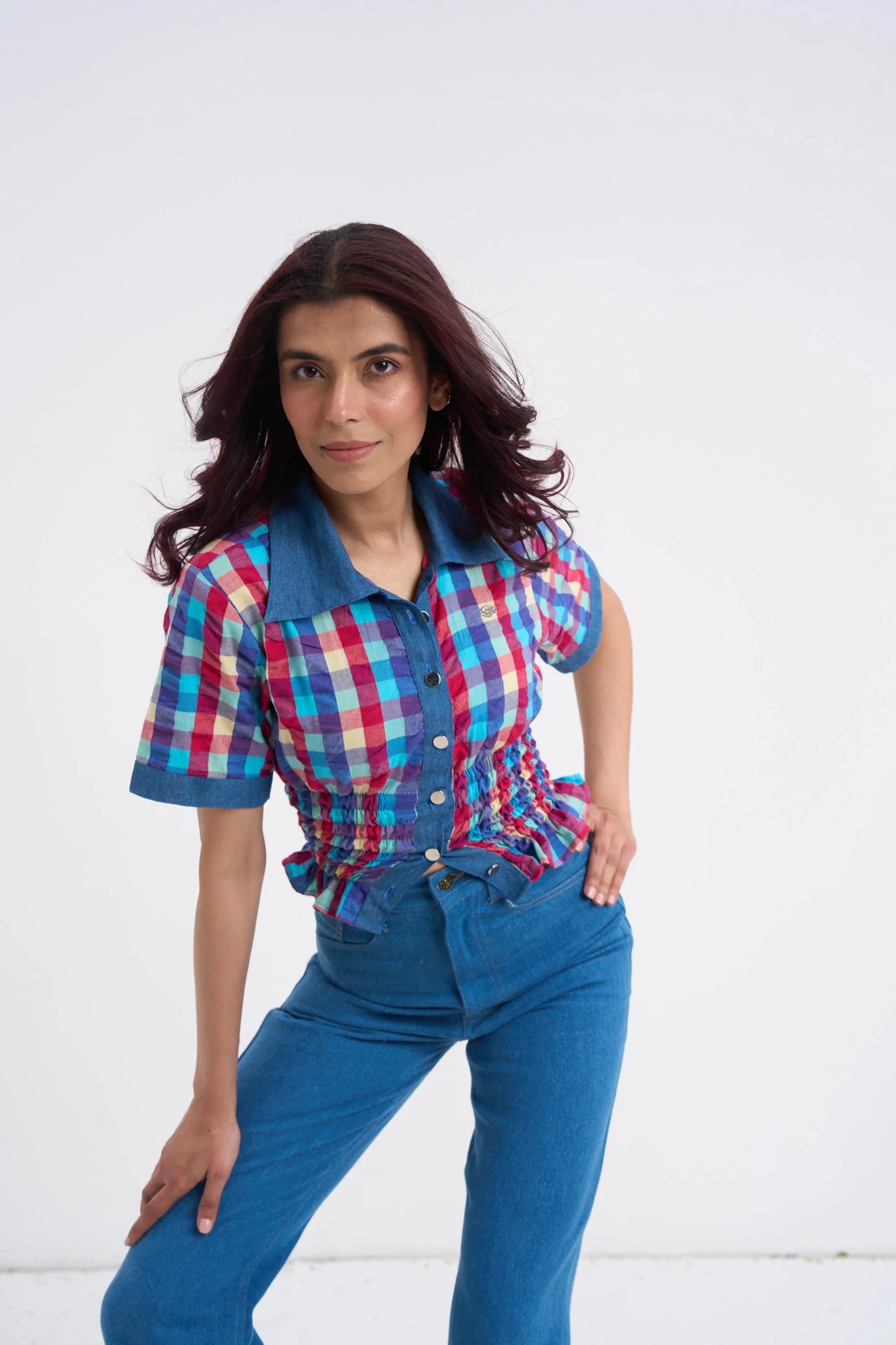 Retro Checkered Top & Denim Set