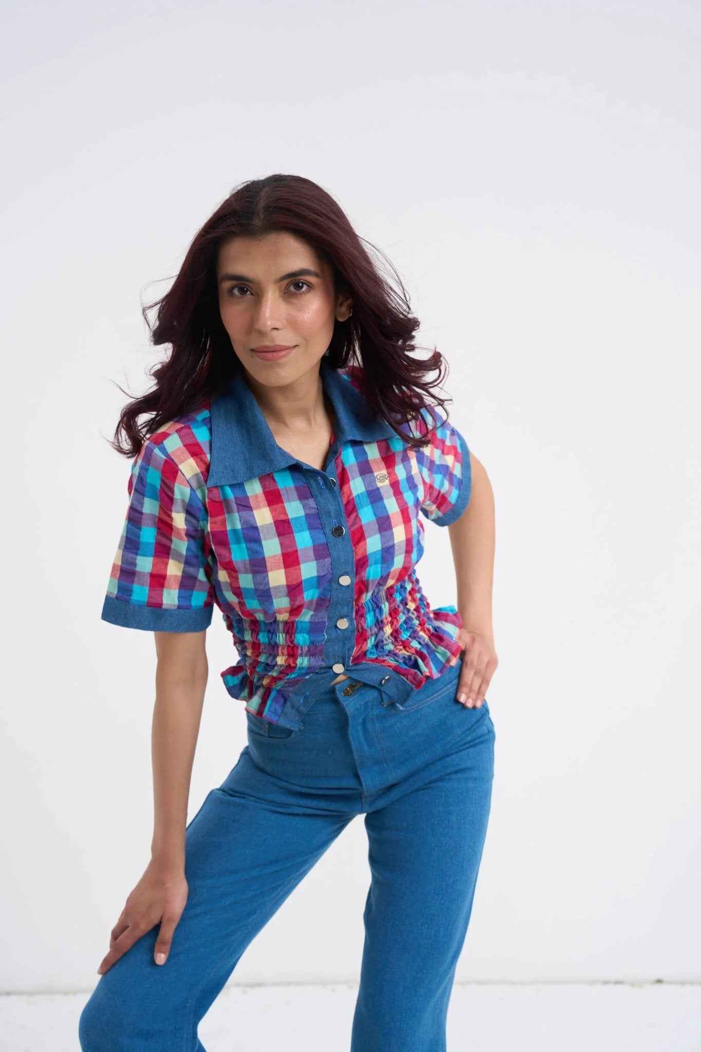 Retro Checkered Top & Denim Set