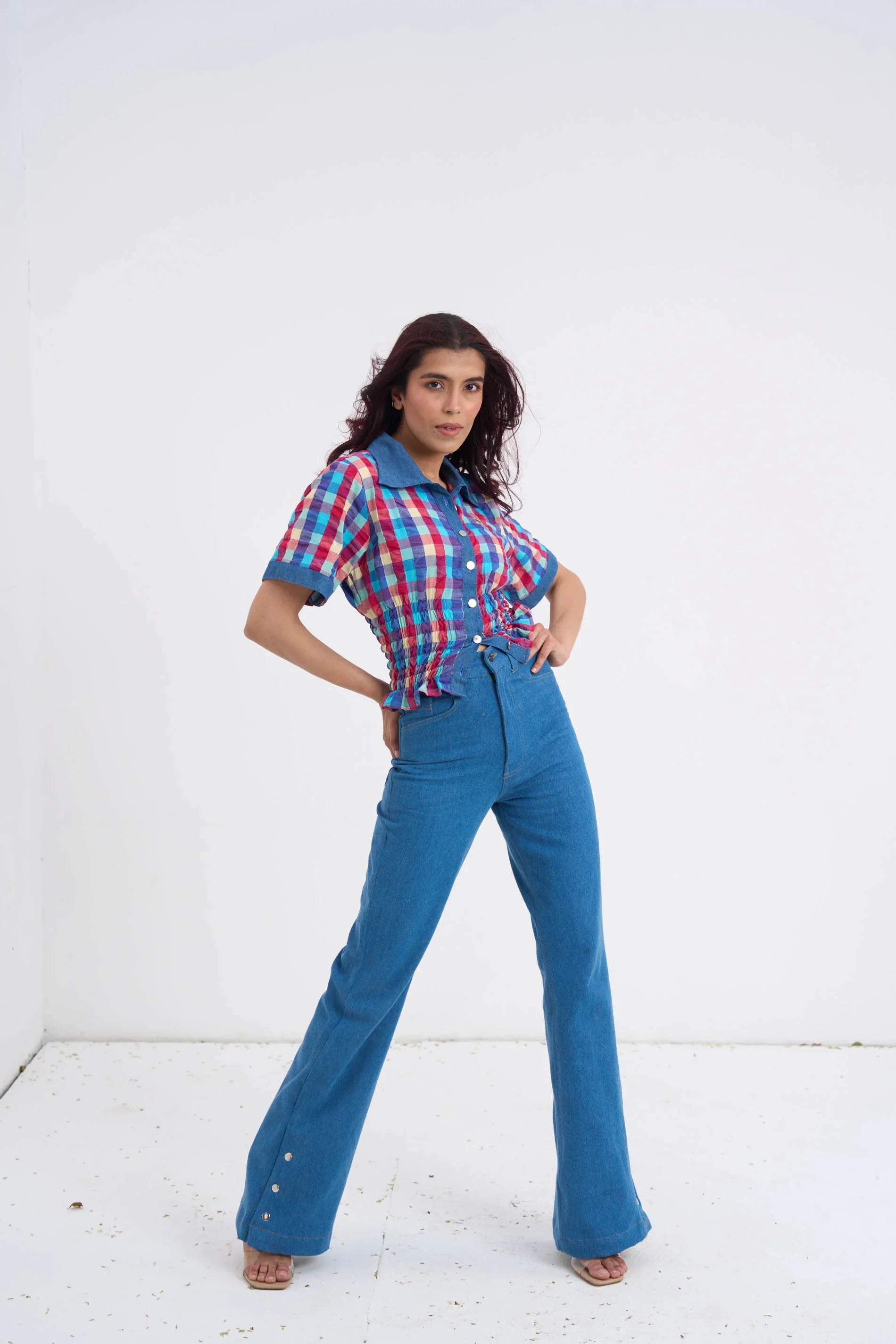 Retro Checkered Top & Denim Set