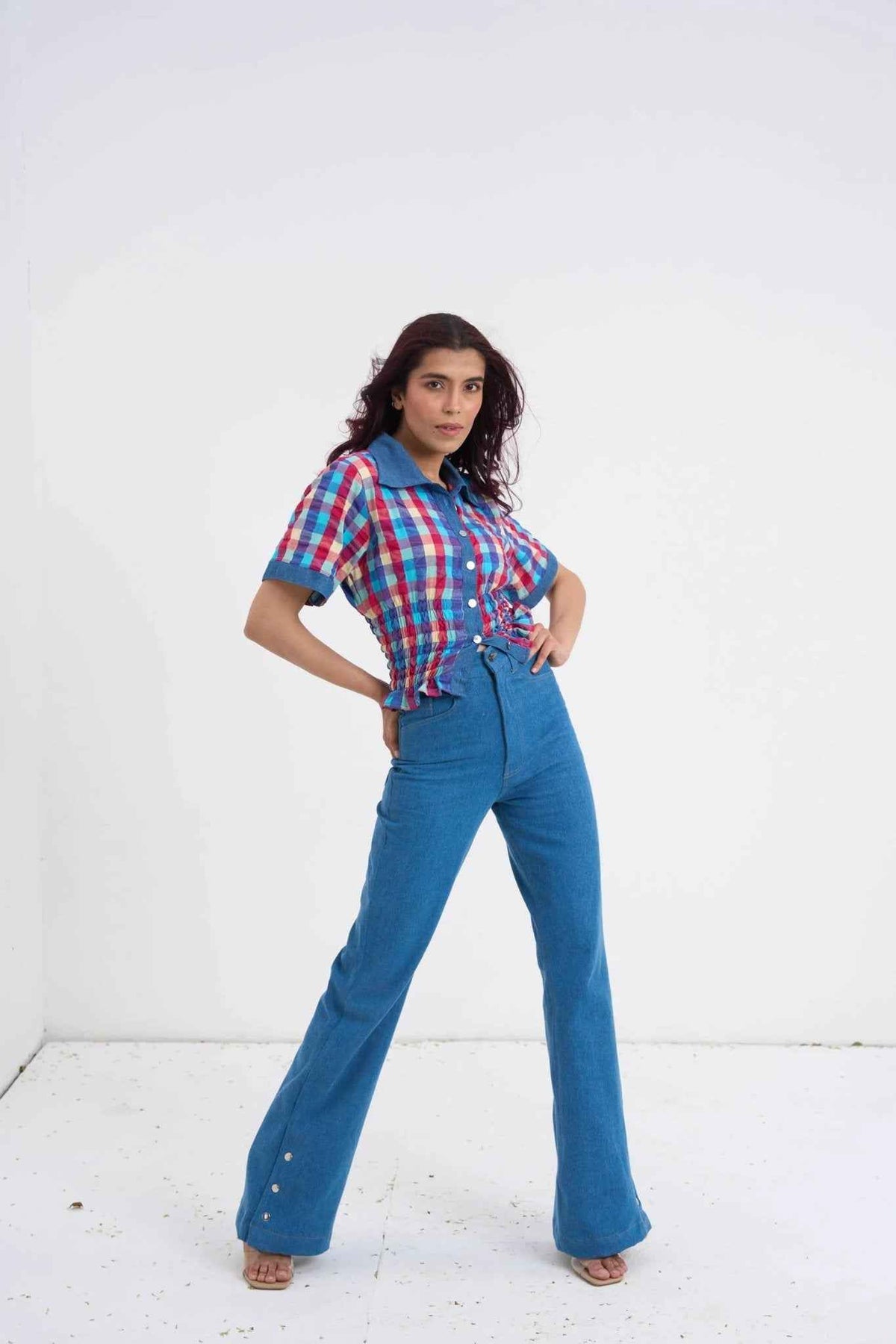 Retro Checkered Top & Denim Set