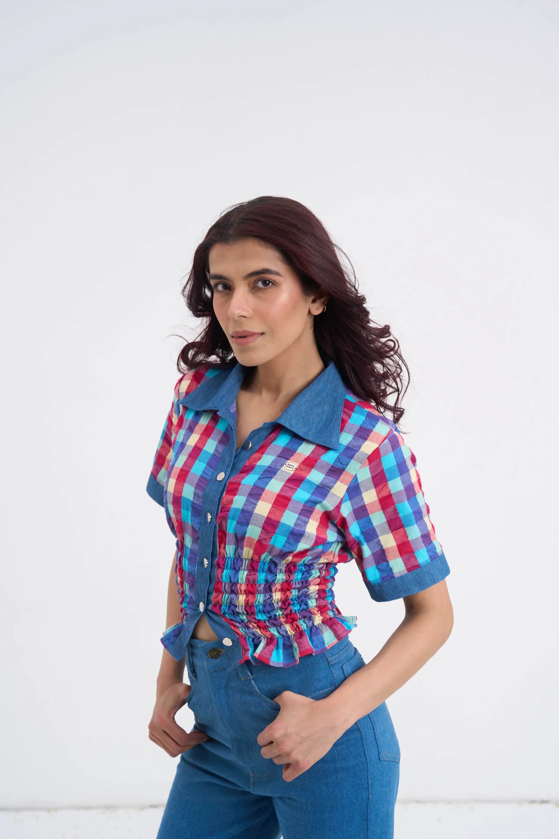 Retro Checkered Top & Denim Set